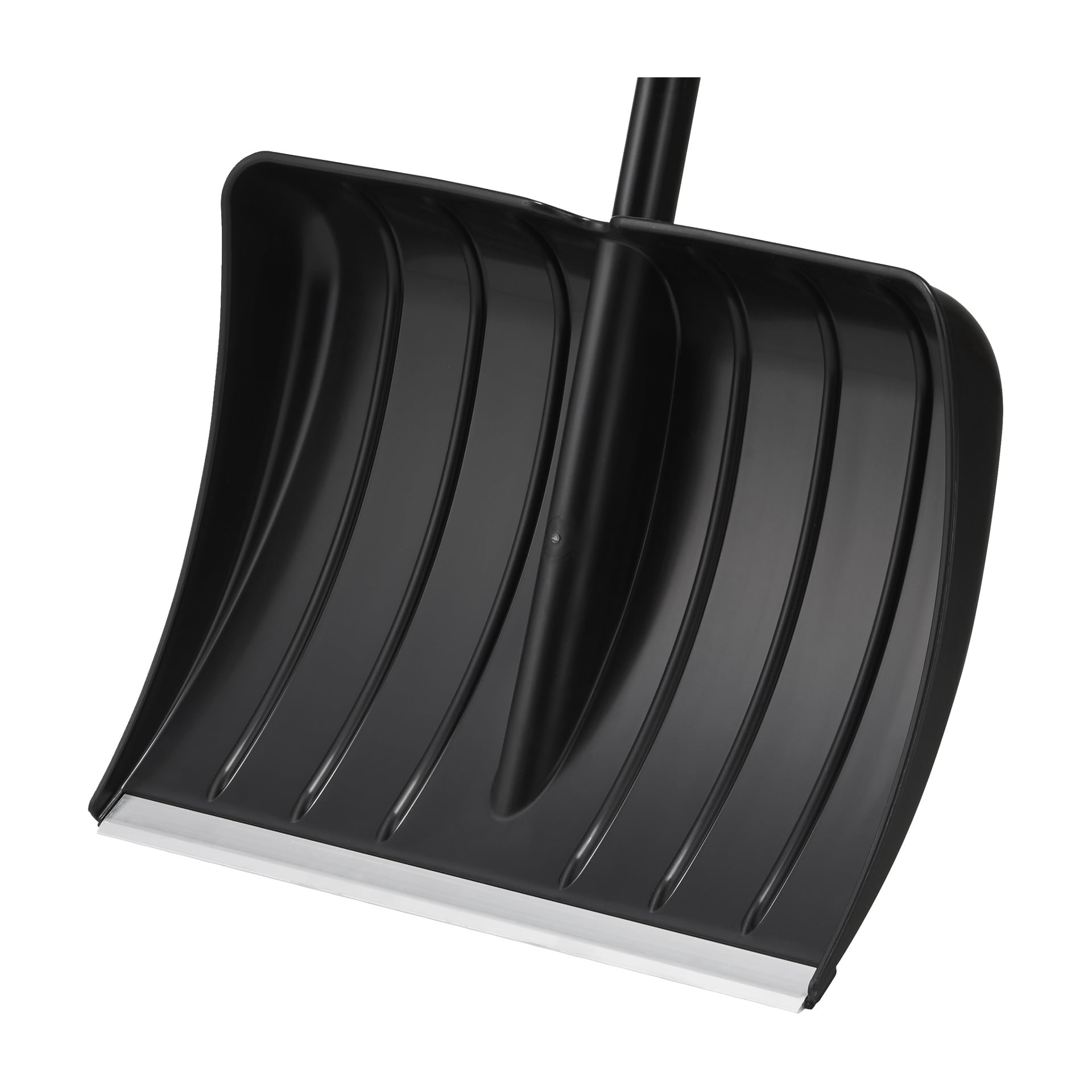 Nærbilde av Fiskars Snow Shovel Solid som fremhever det brede, rillede plastbladet, metallkanten og det ergonomiske håndtaket.