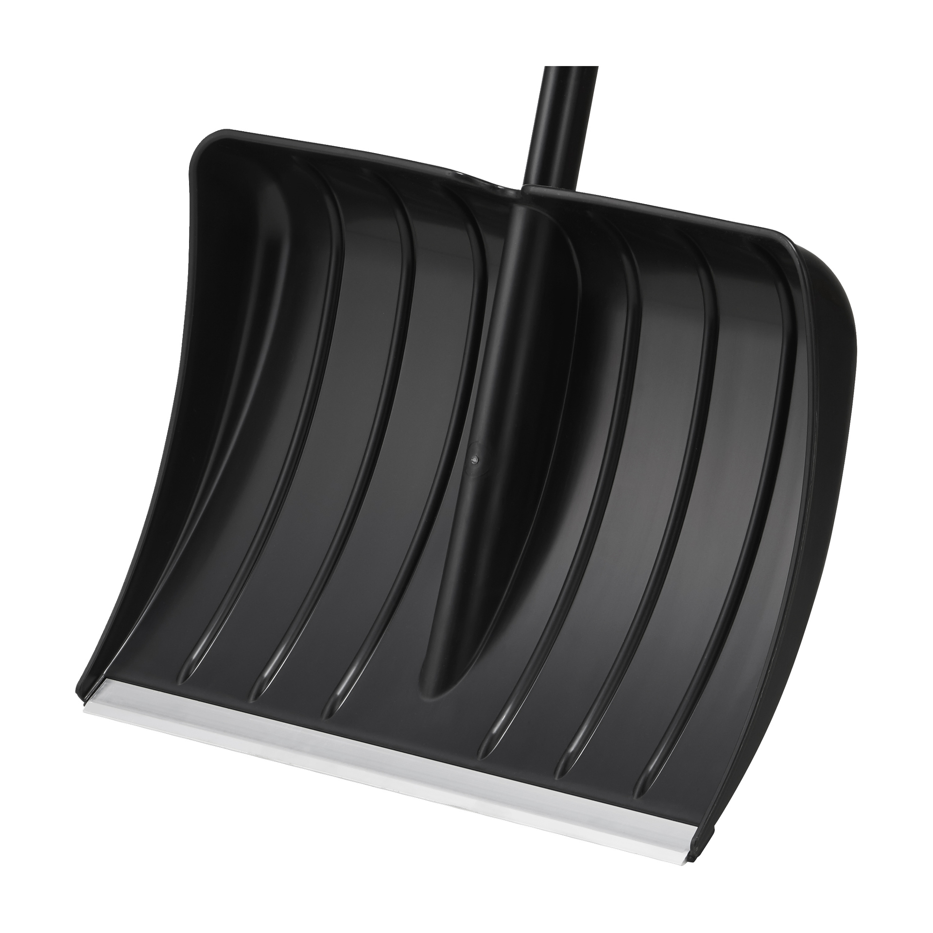 Nærbilde av Fiskars Snow Shovel Solid som fremhever det brede, rillede plastbladet, metallkanten og det ergonomiske håndtaket.