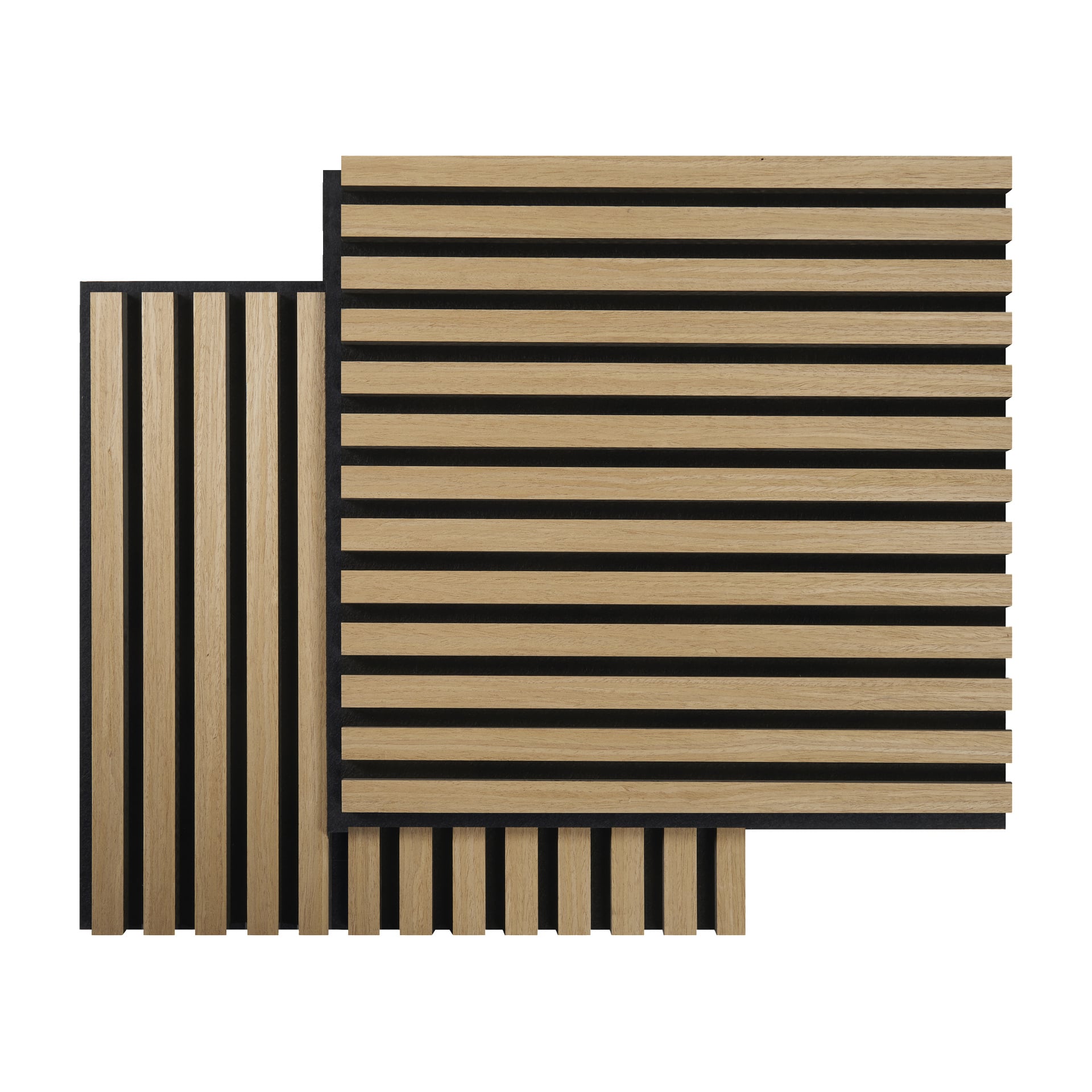 Två minimalistiska fyrkantiga ljusa ekpaneler med horisontella ribbor på svart; Den ena överlappar delvis den andra för ett modernt utseende.