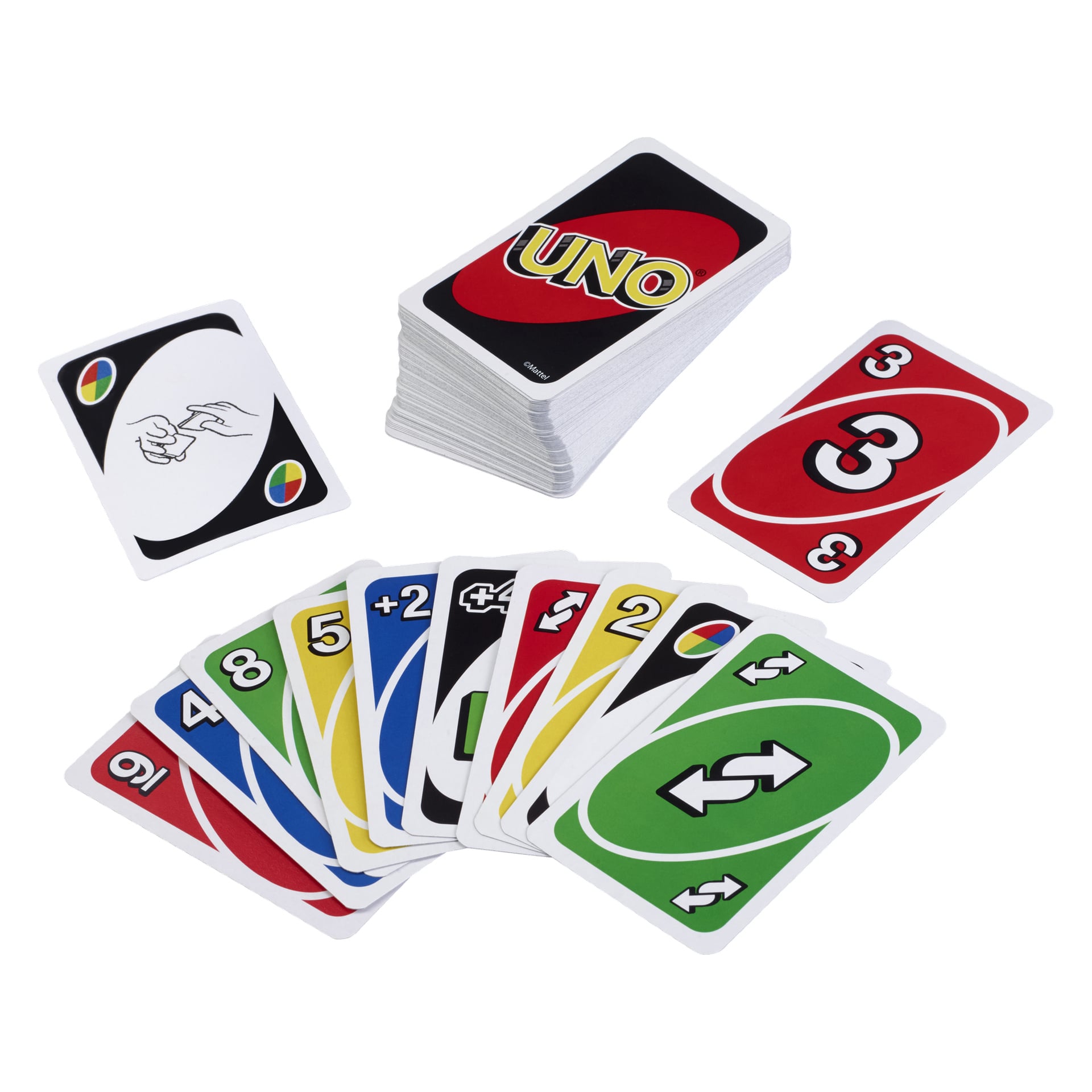 Ett UNO-kortset med en staplad kortlek, ett logotypkort, ett jokerkort och färgglada fanferade kort med siffror och handlingskort.