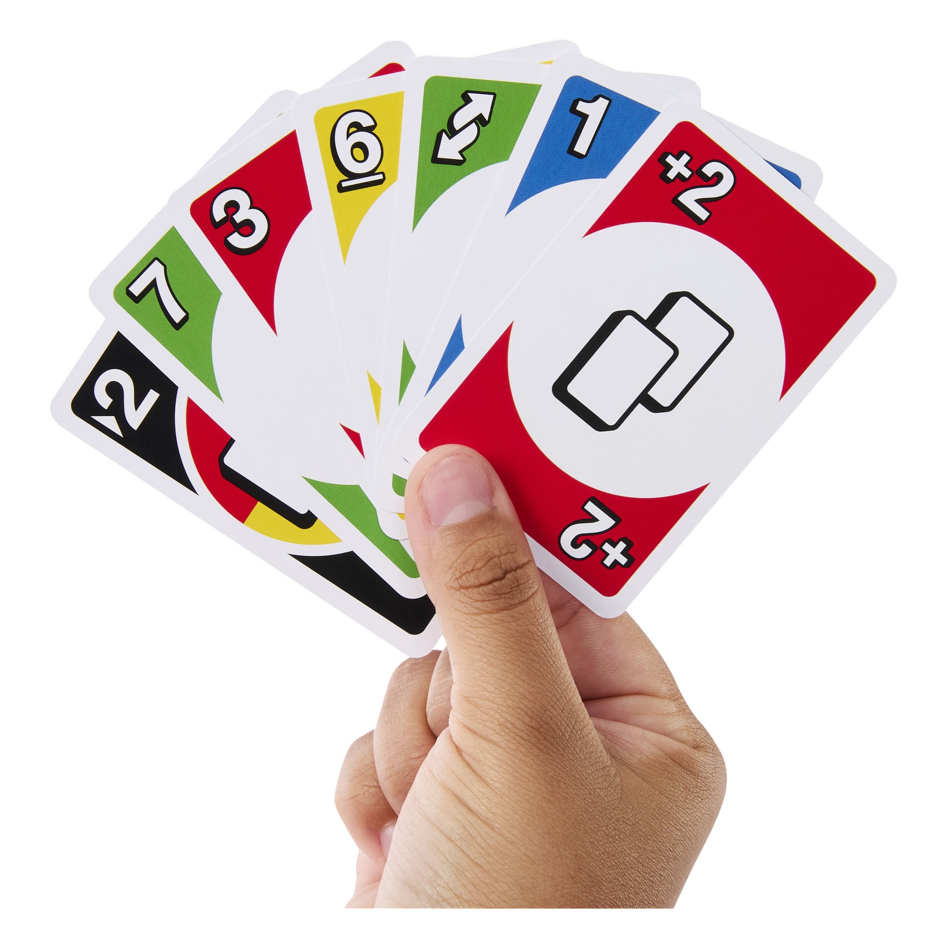 En hand visar sju UNO-kort: rött drar två, blått ett, gul baksida, grön sexa, röd tre, gul sju och svart joker.