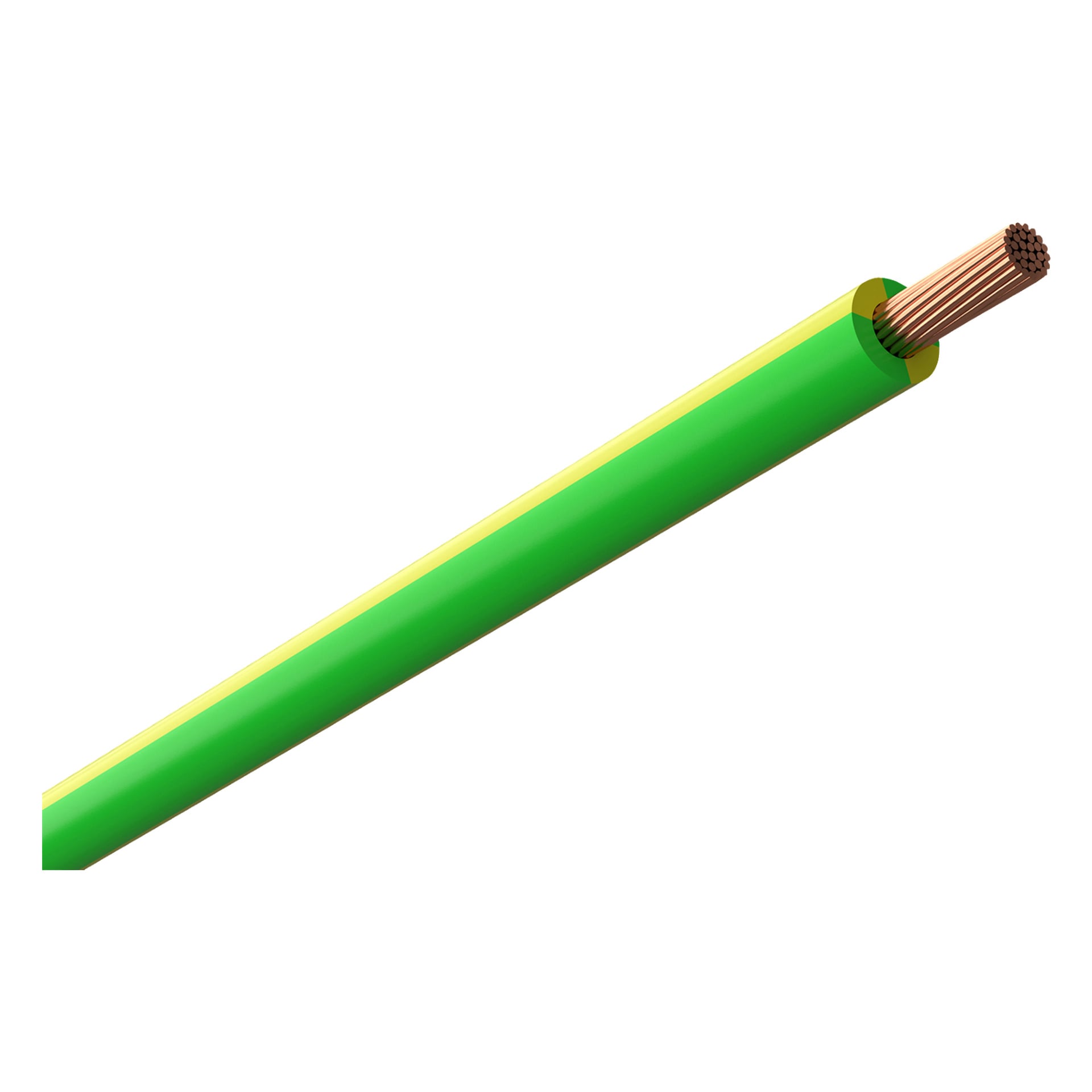 En grön och gul Amokabel RK-kabel med koppartrådar synliga i ena änden.