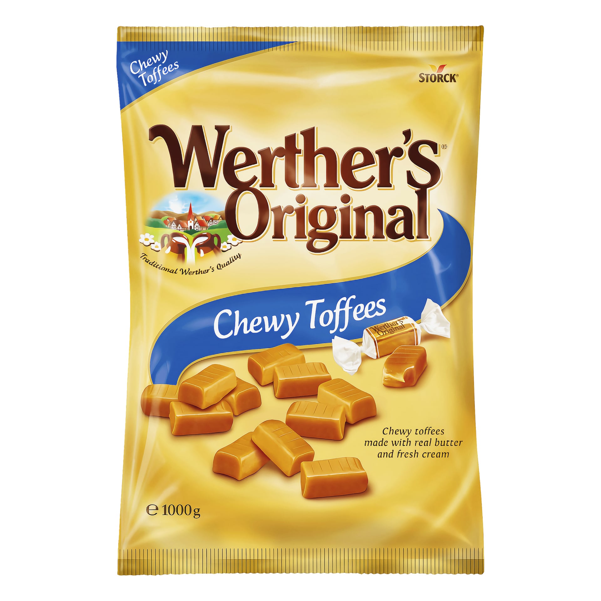 En 1000g Werther's Original Chewy Toffees-påse i guld och blått med bilder på kolor och text om riktigt smör och färsk grädde.