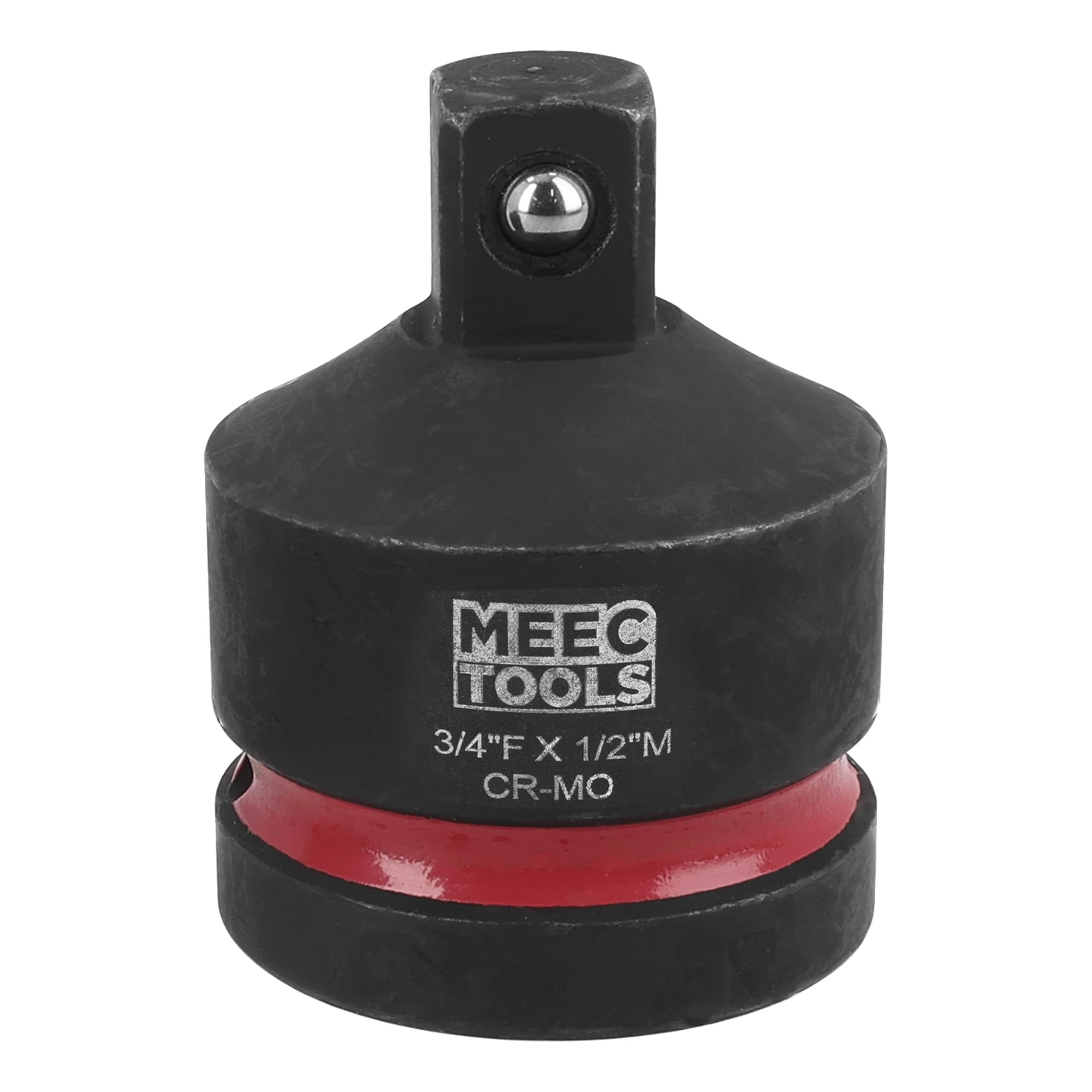 En svart sockeladapter med en röd ring märkt MEEC TOOLS 3/4F X 1/2M CR-MO, med fyrkantig driv- och kulspärr.