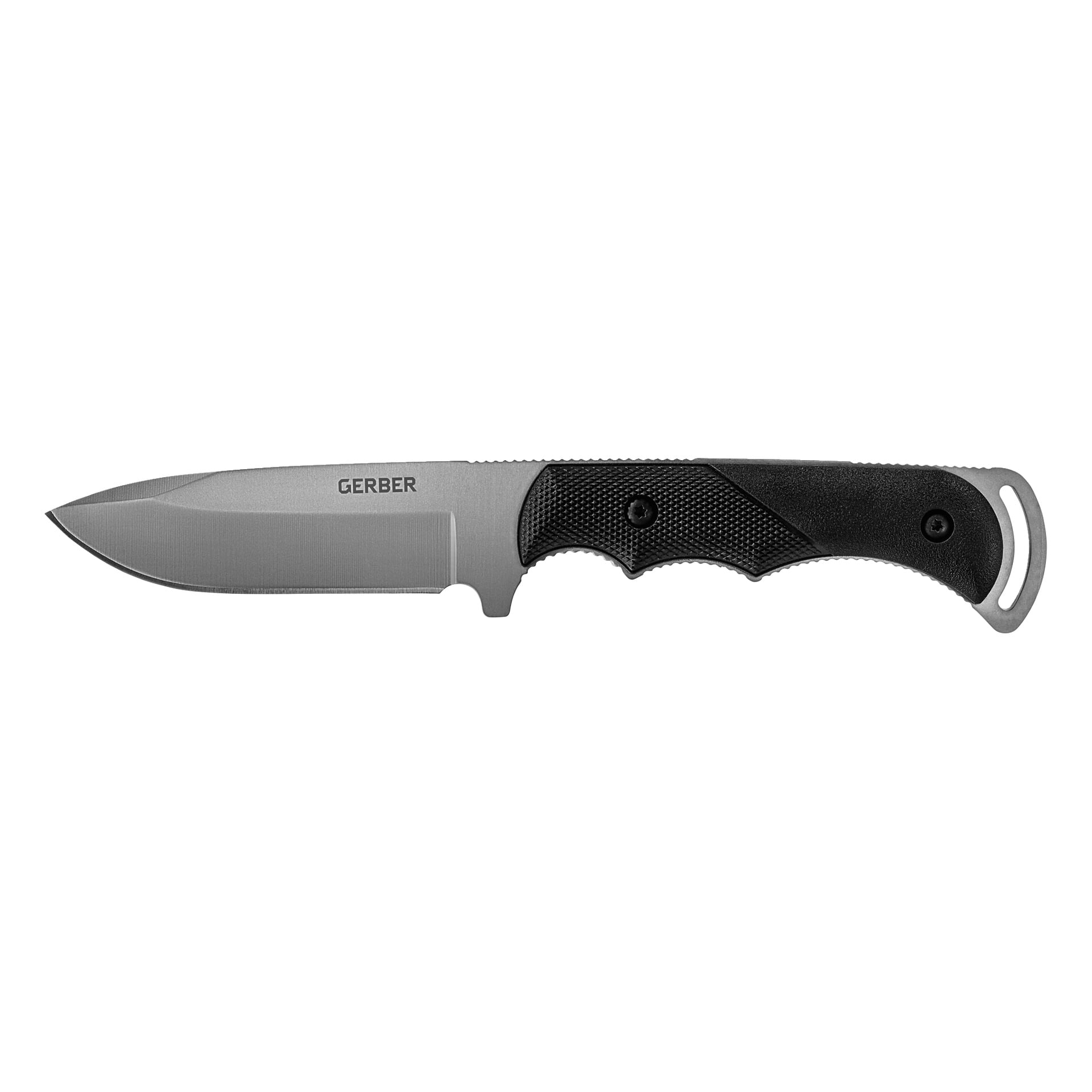 Gerber Freeman Guide jaktkniv med ett matt silverblad med fast blad, svart räfflat handtag och nyckelhål.