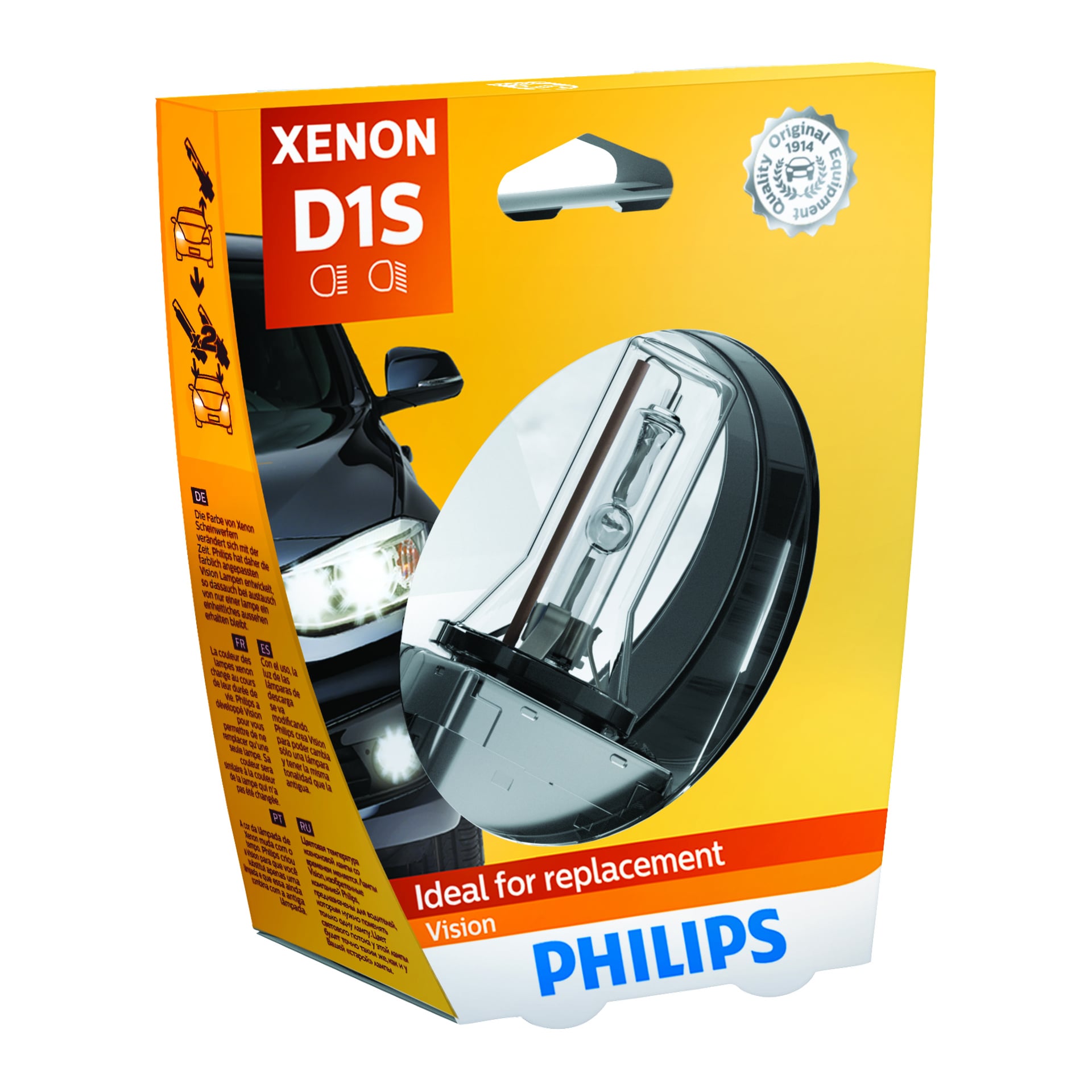 Philips Vision D1S Xenon -ajovalolamppu kelta-oranssissa laatikossa, jossa on tuotetiedot ja autokuva; lamppu näkyy ikkunan läpi.