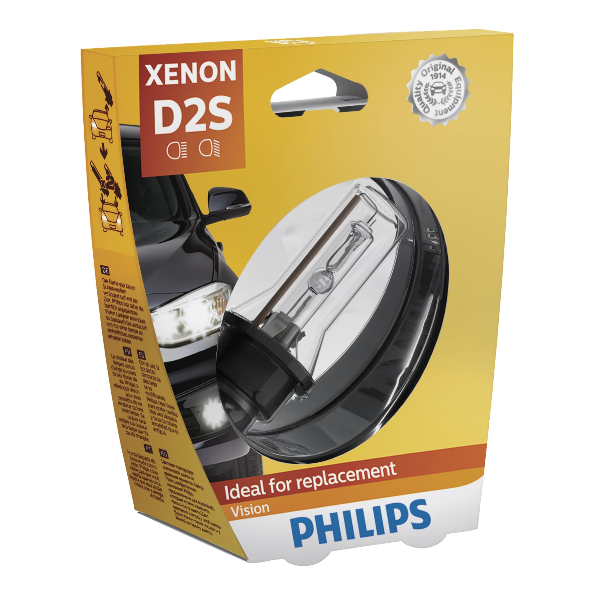 Żarówka Philips Xenon Vision D2S w żółto-pomarańczowym opakowaniu z zbliżeniami żarówki i reflektorem samochodowym, idealnym do zastąpienia.