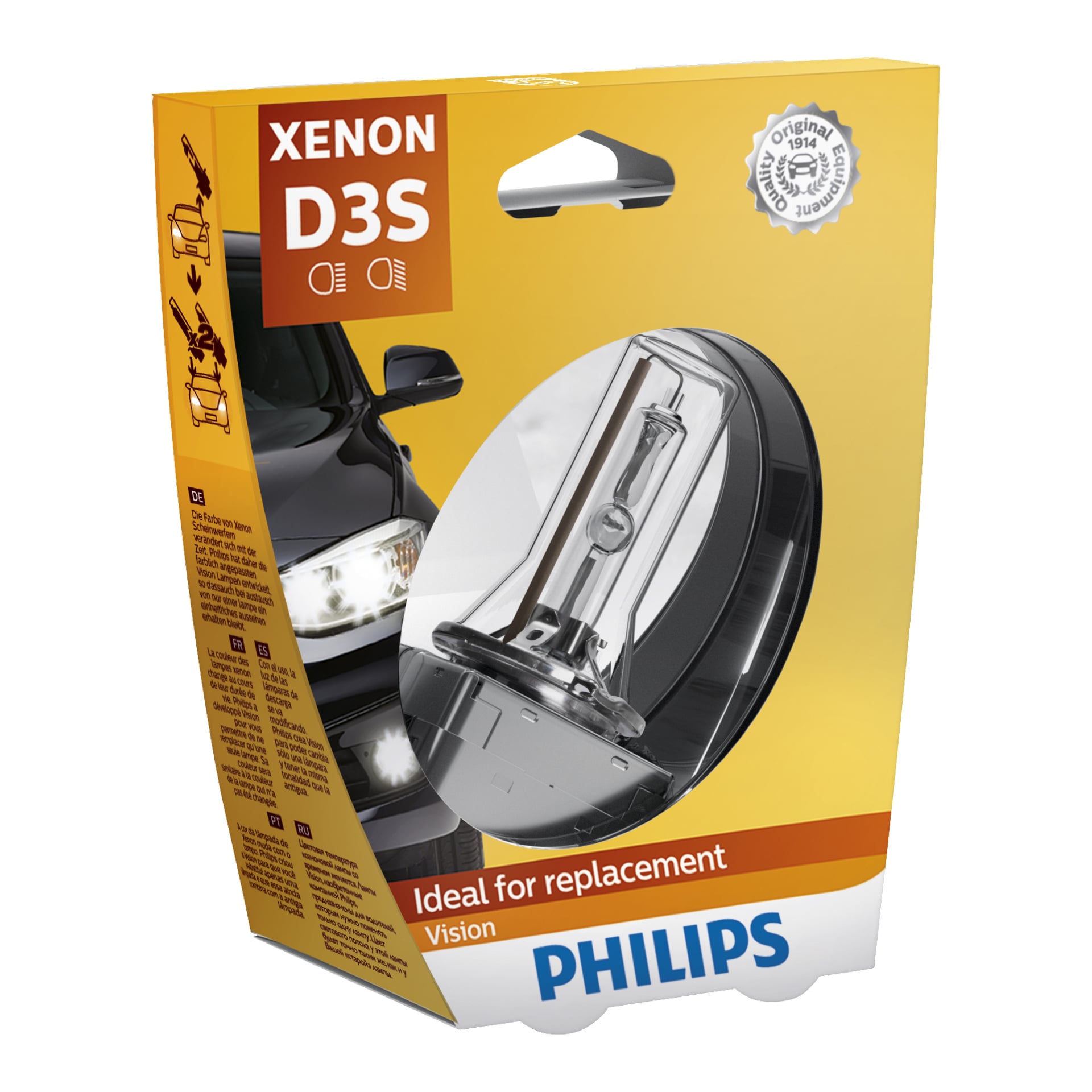 En Philips Xenon D3S frontlyktpære i gul emballasje merket Ideell for utskifting, med et nærbilde av pæren og en bilgrafikk.