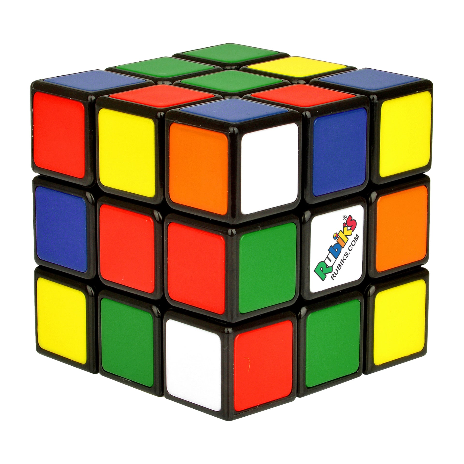 En delvis löst Rubiks kub med färgglada rutor och Rubiks logotyp synlig på en av de vita plattorna.