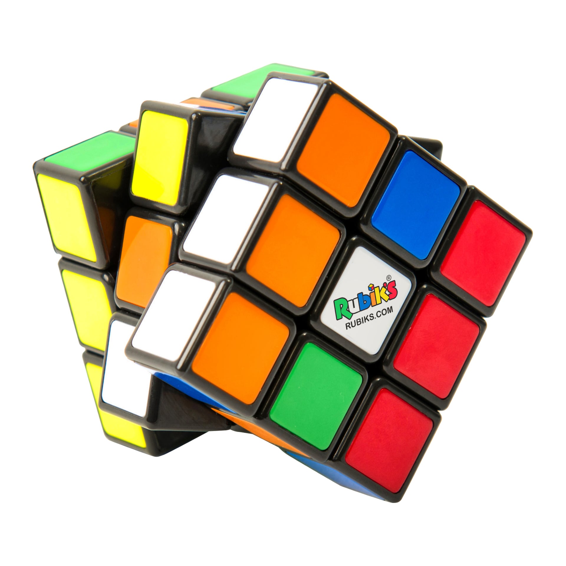 En delvis vänd Rubiks kub visar gula, blå, vita, gröna, orange och röda rutor med logotypen på den vita mittplattan.