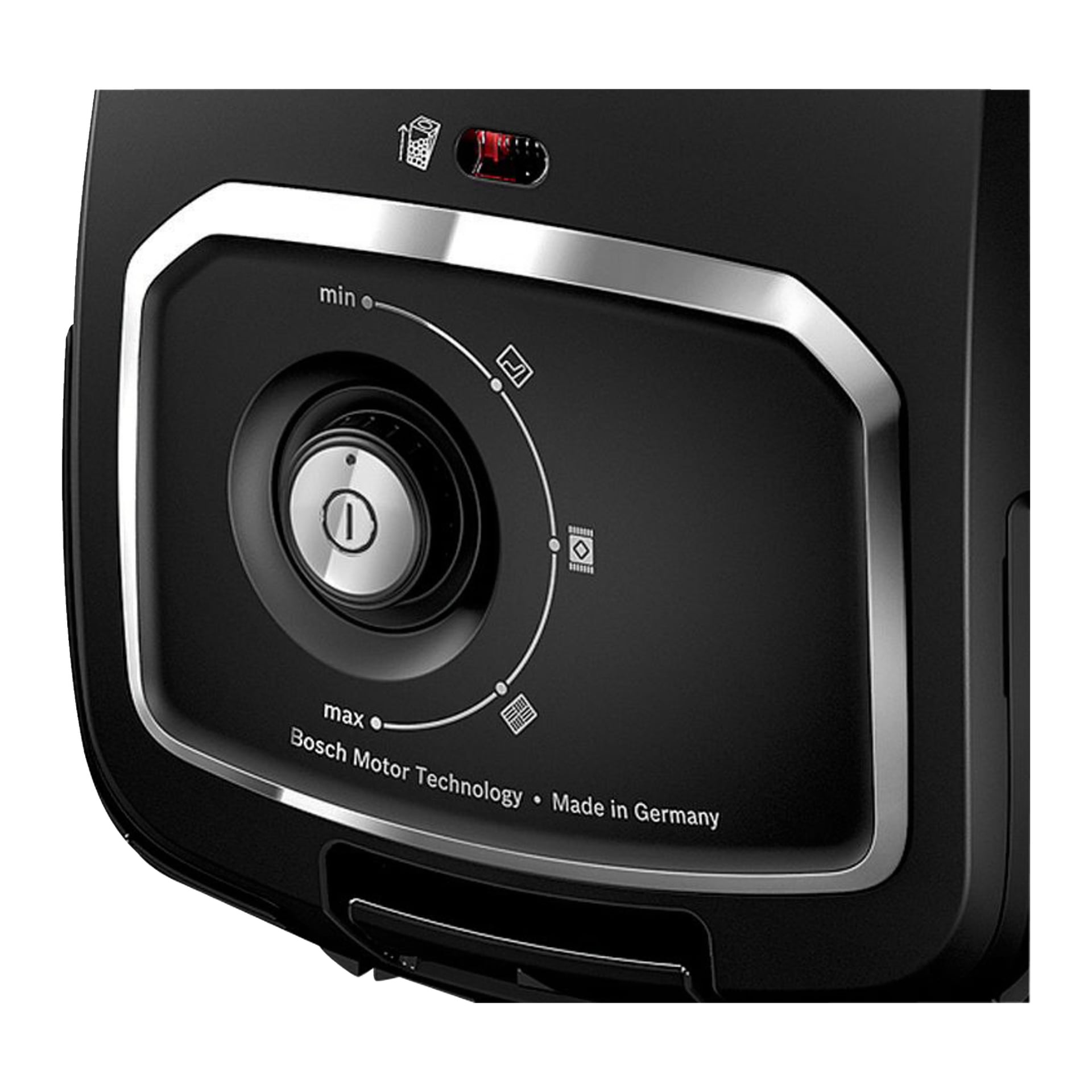 Närbild av Bosch Home Vacuum Cleaner BGB6X320 kontrollpanel med min-max-ratt, ytikoner och Bosch Motor Technology-text.