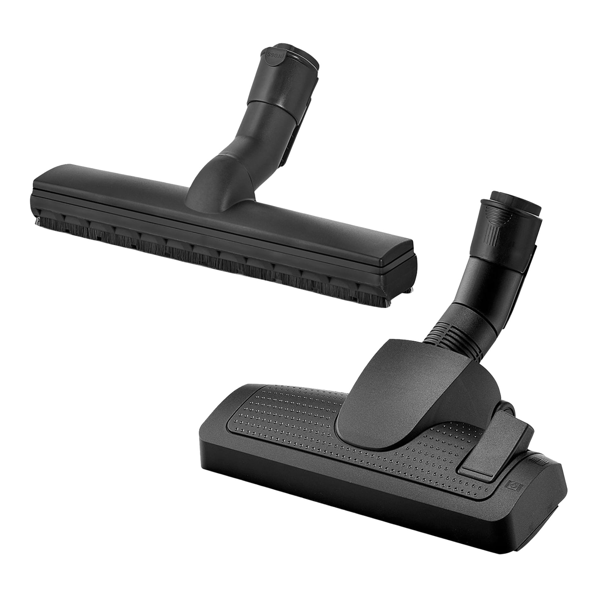 Två svarta Bosch BGB6X320 vakuumtillbehör: ett med en bred rektangulär borste, det andra med en texturerad böjd yta.