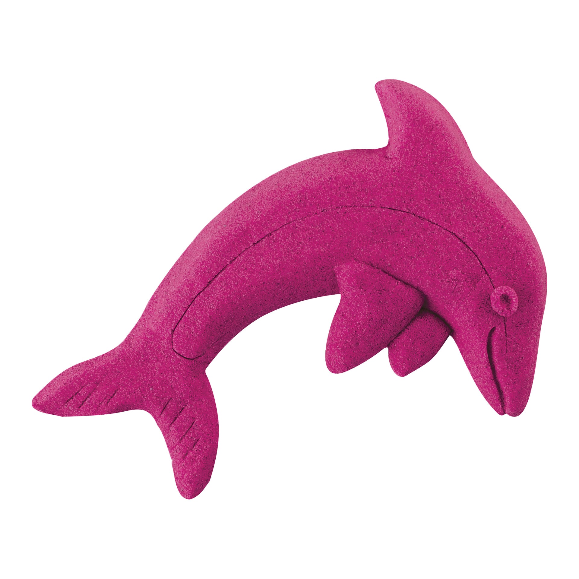 En haug med Kinetic Sand fra Kinetic Sand, rosa og formet som en delfin med synlige sømmer og inngraverte detaljer på finnen og ansiktet, sannsynligvis laget av gummi eller skum.