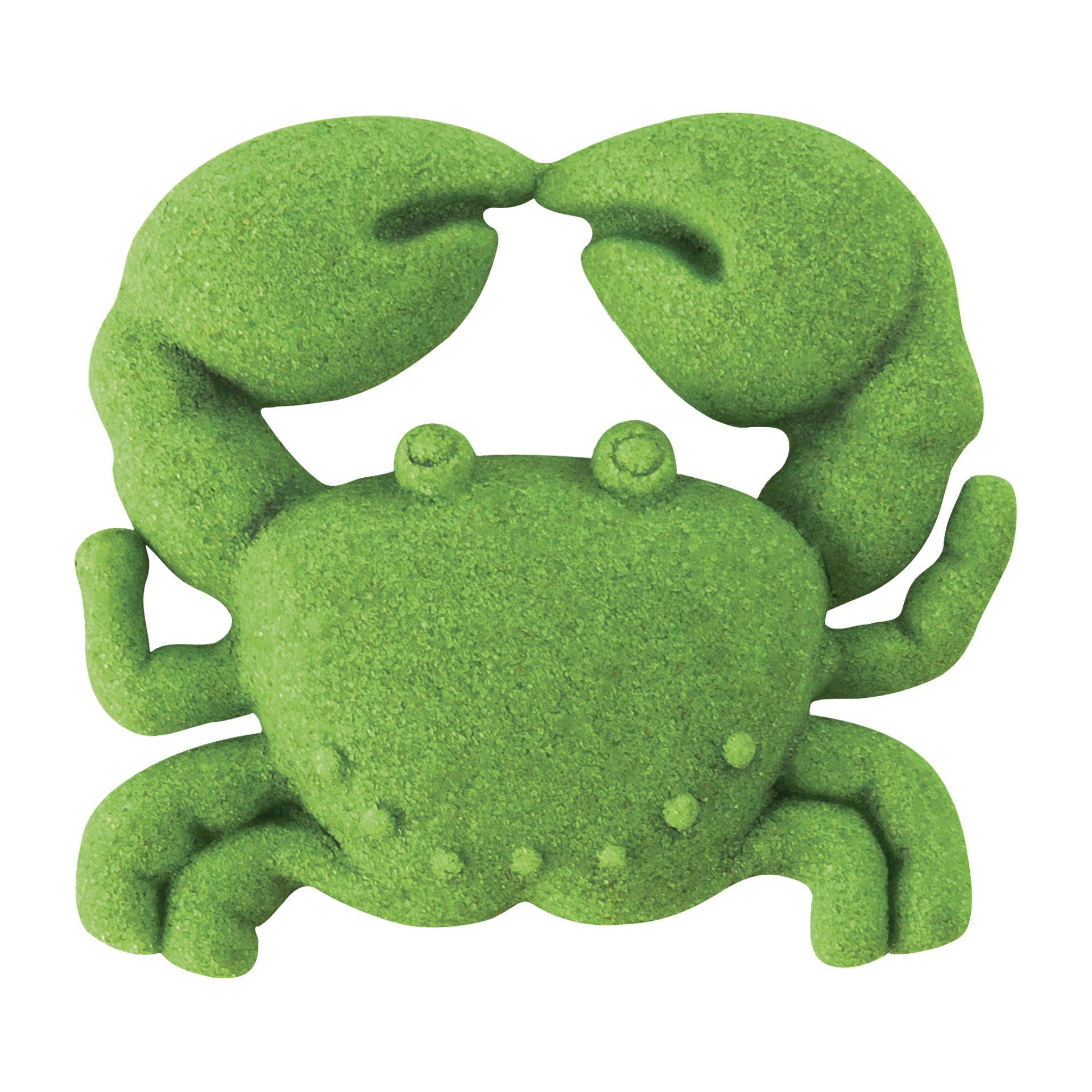 En grønn tegneseriekrabbe laget av Kinetic Sand av Kinetic Sand, med to store klør, stilkede øyne og fire bein på hver side.