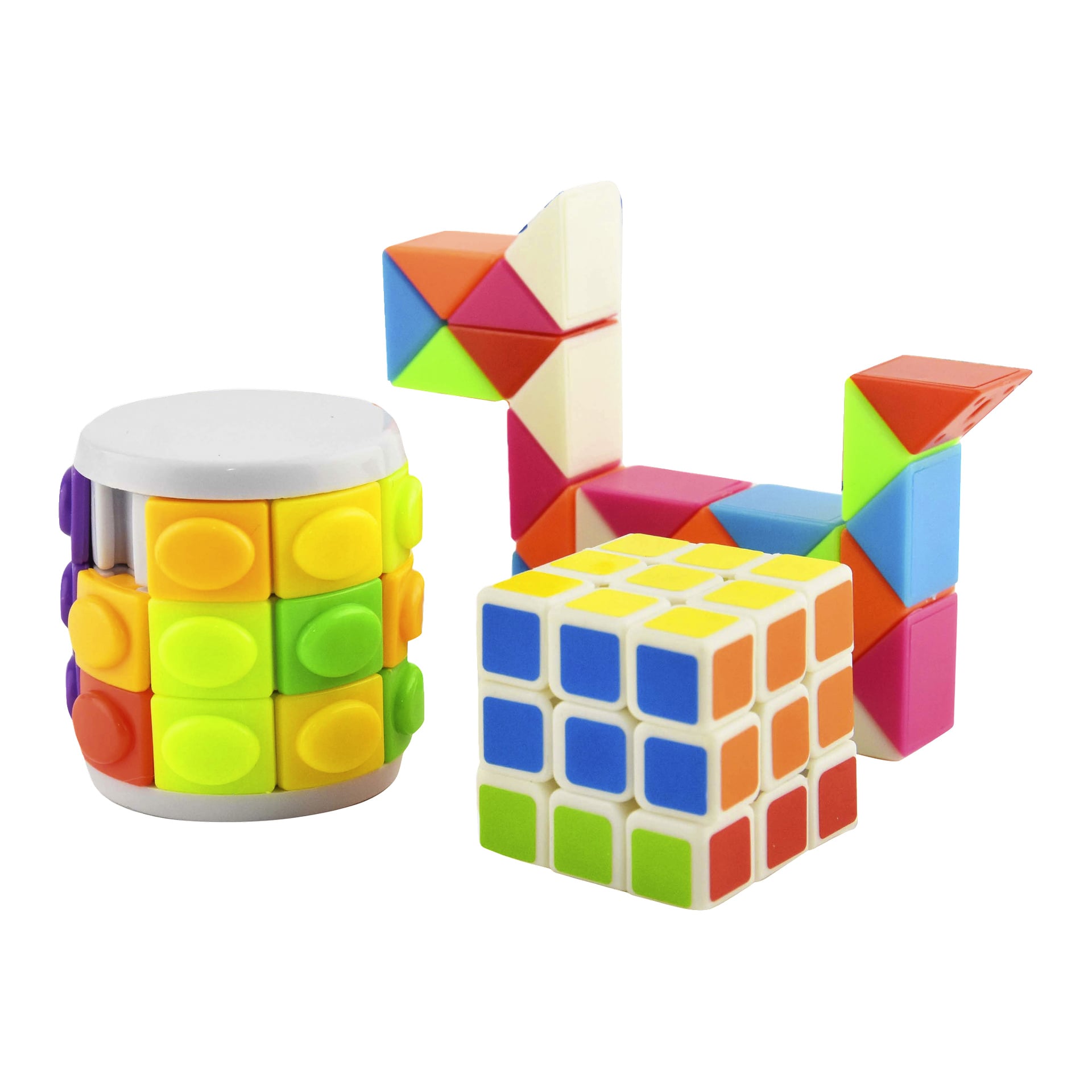 Robetoys Fidget Puzzle Set innehåller tre färgglada leksaker: ett cylindriskt vridpussel, en 3x3 kub och en geometrisk orm.