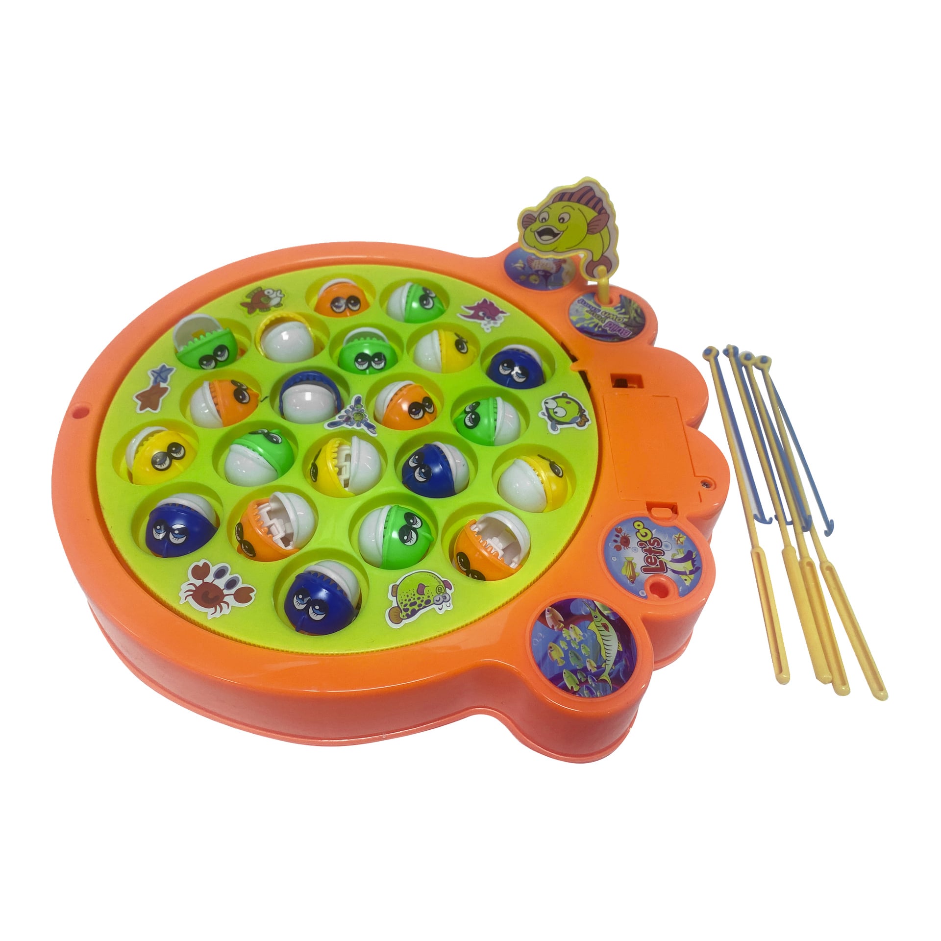 Robetoy Fishing Game visar en orange och grön plastbräda med fiskar som roterar och öppnar munnen, dekorerad med tecknade vattenliknande mönster och levereras med fyra fiskespön.