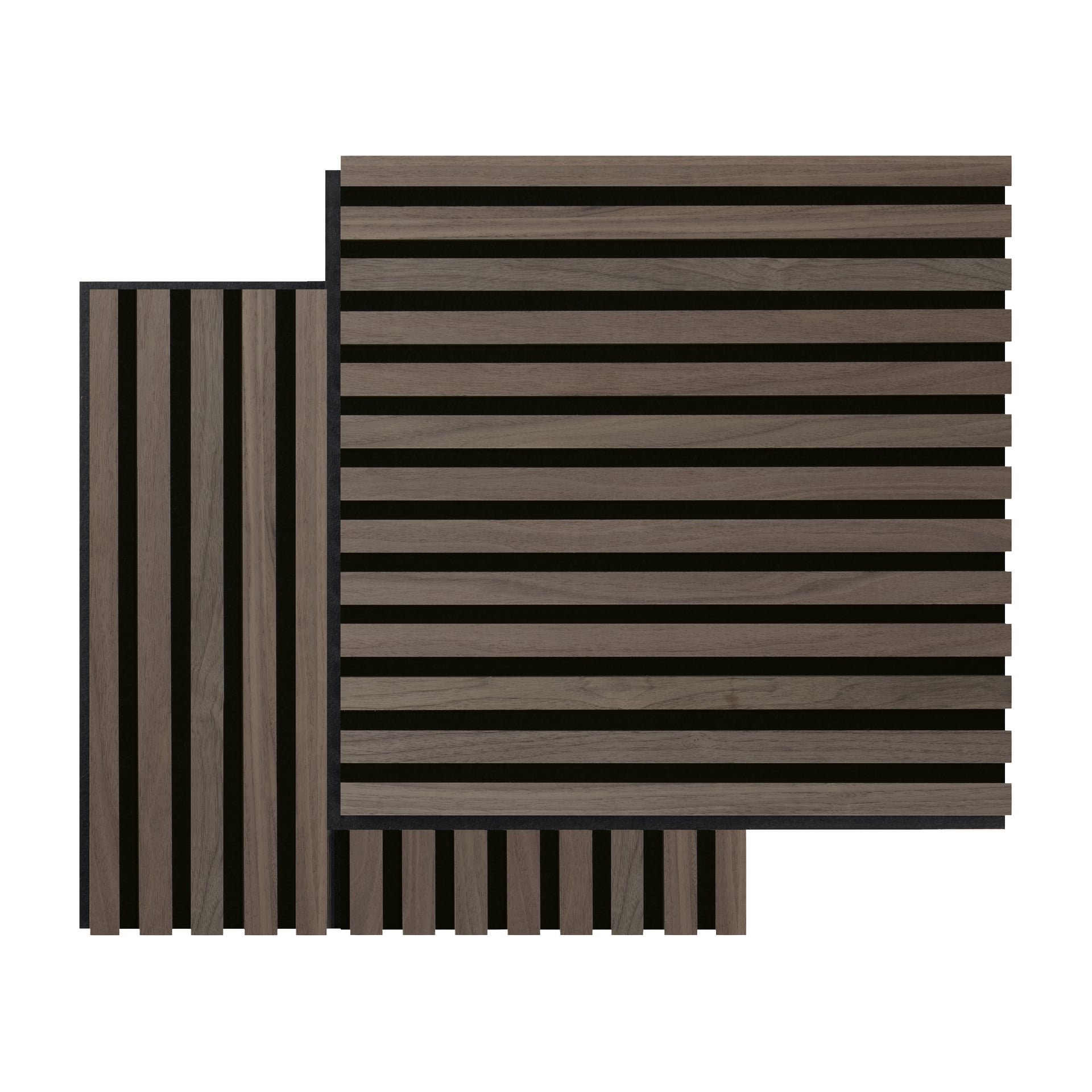 Fibrotech Acoustic Square Walnut 2 -paketti sisältää kaksi puista paneelia, joissa on ruskeat saksanpähkinänauhat ja mustat vaakasuoria säleitä, jotka ovat hieman päällekkäin.