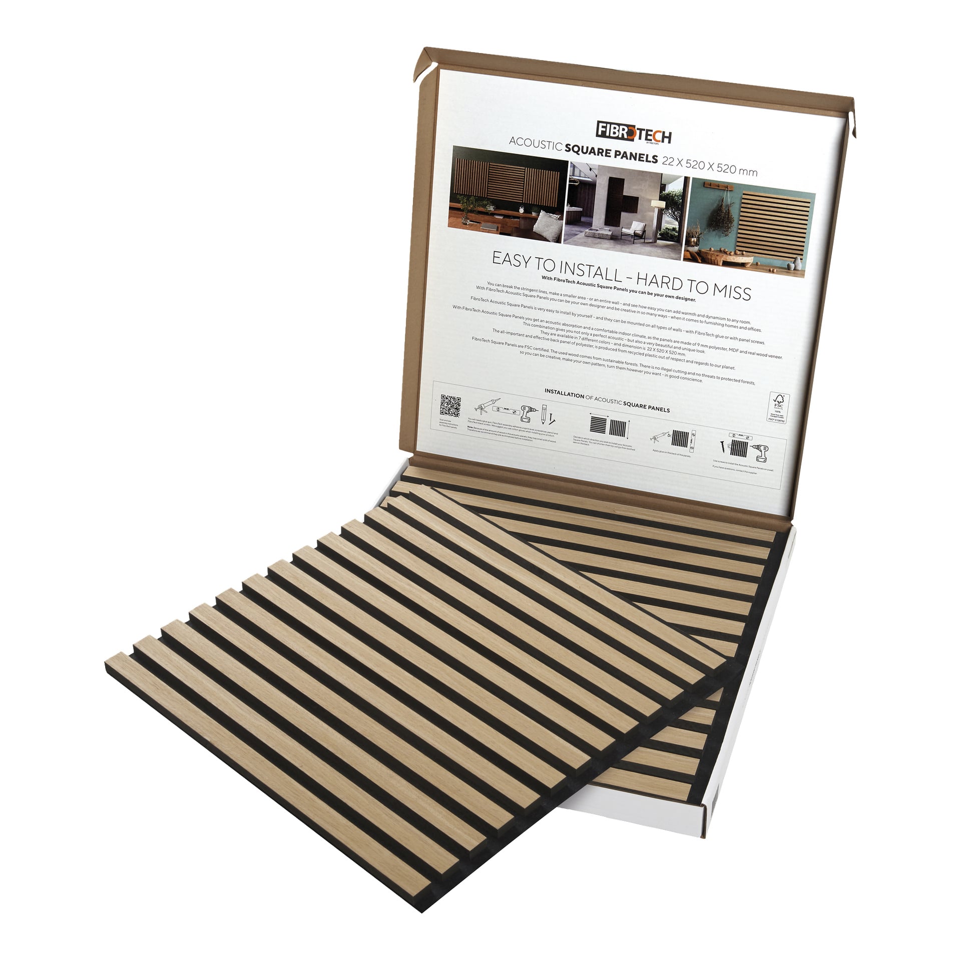 Akustisk panel Square Light Oak 2-pack låda med en panel delvis utåt, förpackningen visar produktfoton, instruktioner och kampanjer.