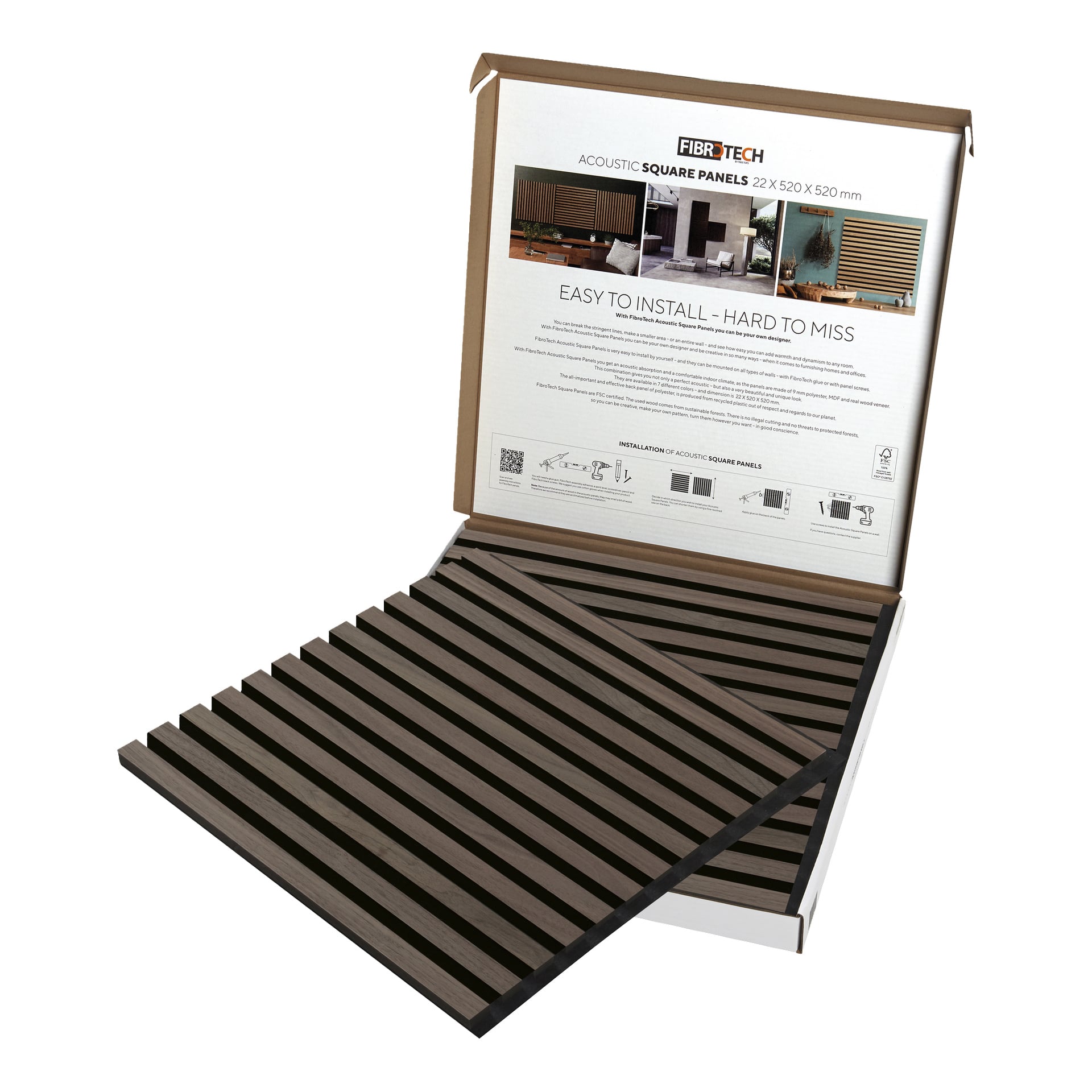 Avaa Fibrotech-laatikko, jossa on "Acoustic panel Square Walnut 2 pack" -etiketti, näyttää saksanpähkinäisen mustalevyisen paneelin ja ohjeet kannen sisällä.