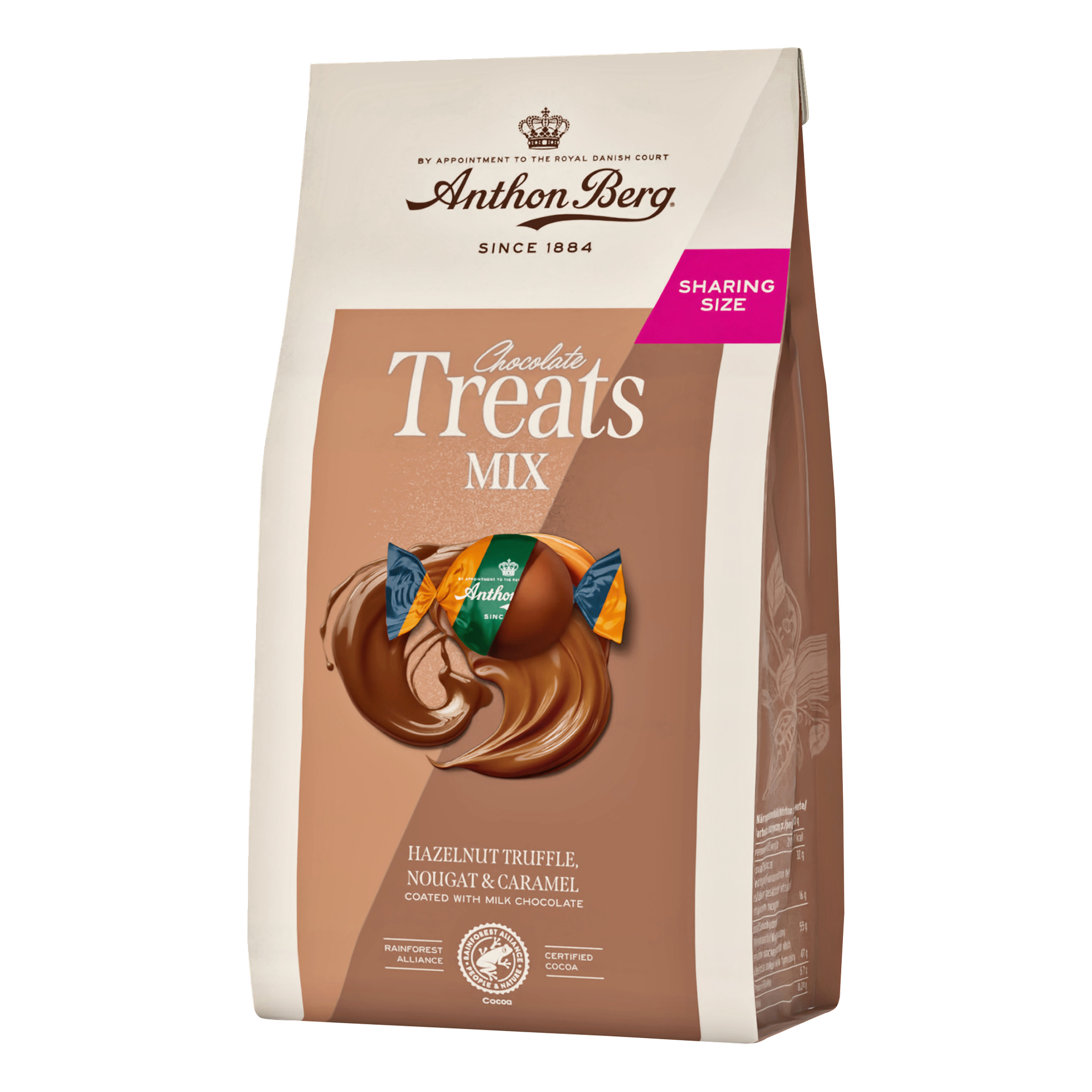 En stor Anthon Berg Treat Mix-pose viser diverse melkesjokolade, hasselnøtttrøffel, nougat og karamellgodter på forsiden.