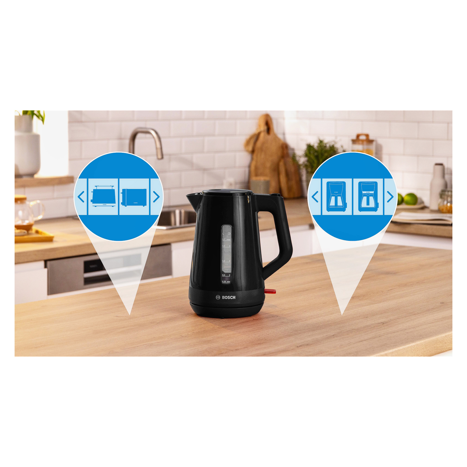En svart Bosch MyMoment TWK1M123 kjele med vannstandsindikator på en teller, blå ikoner viser kapasitet og kopper; Kjøkkenredskaper bak.