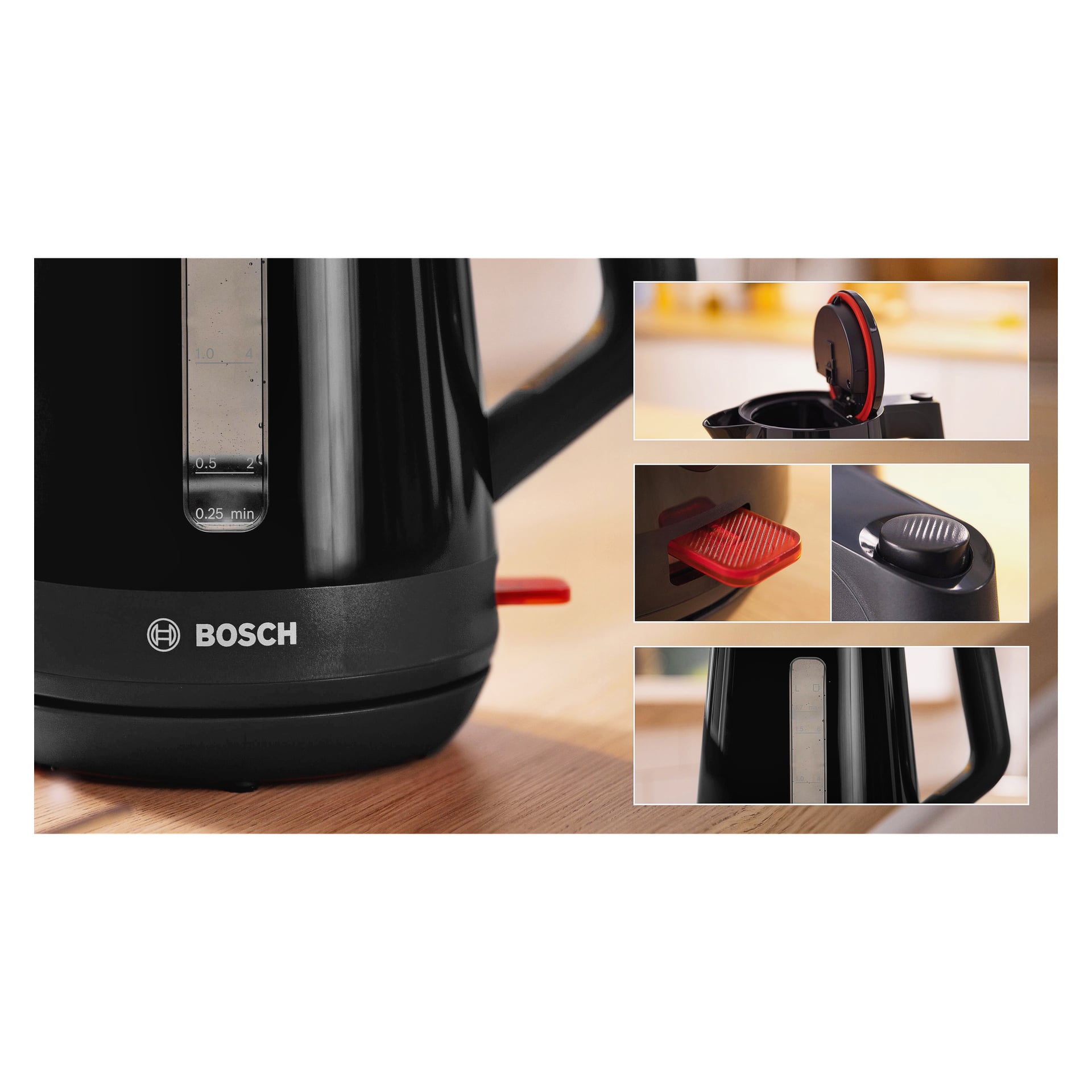 Svart Bosch Home Kettle MyMoment TWK1M123 på tre, vist på nært hold med innfellinger som fremhever det åpne lokket, den røde bryteren og vannmåleren.