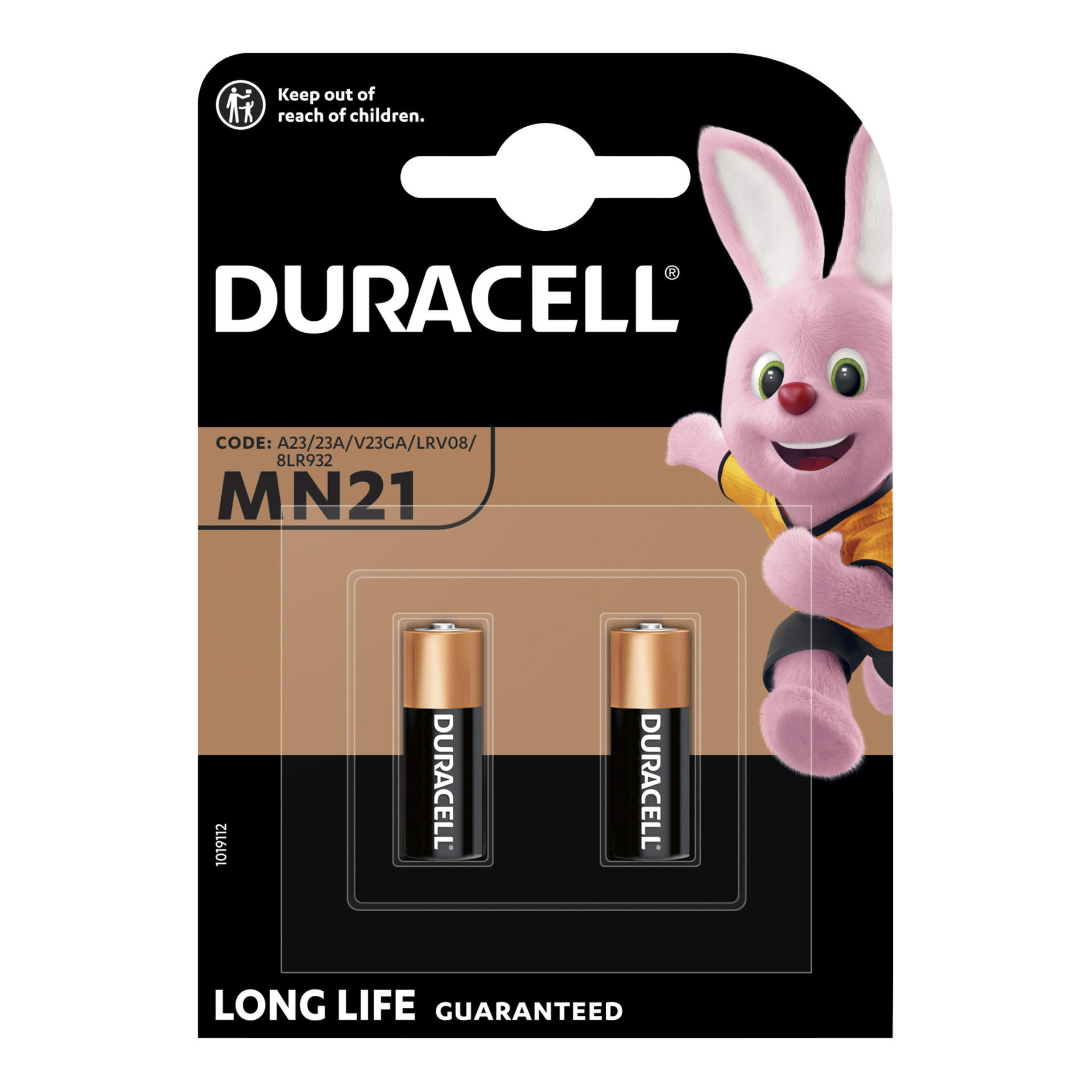 Två Duracell MN21-batterier med knappceller i svart och guld, med den rosa kaninmaskoten och en varning för barnsäkerhet.