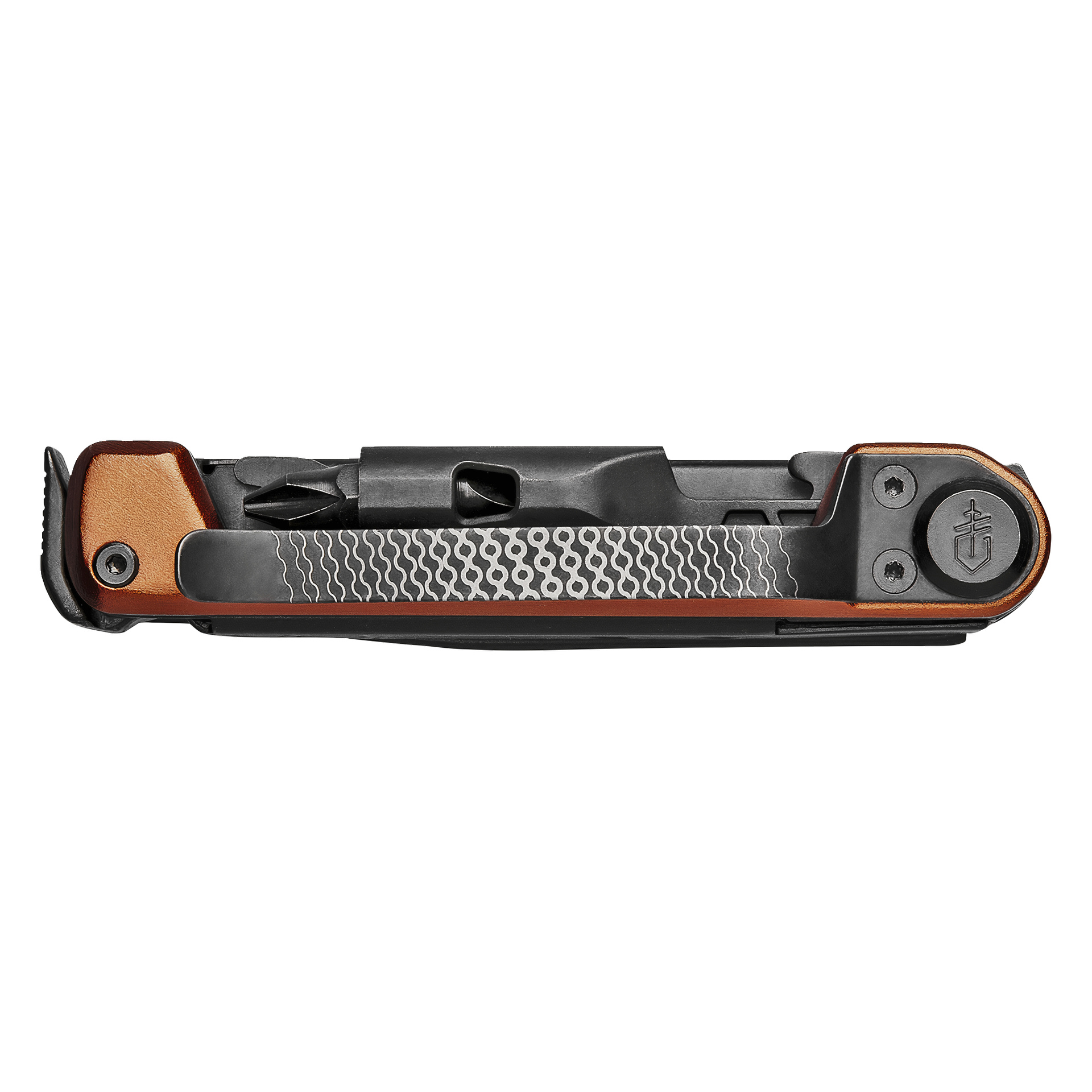 Gerber Armbar Trade Burnt Orange multiverktyg, stängt, med texturerat grepp, exponerade skruvar, skruvmejselbit och fickklämma.