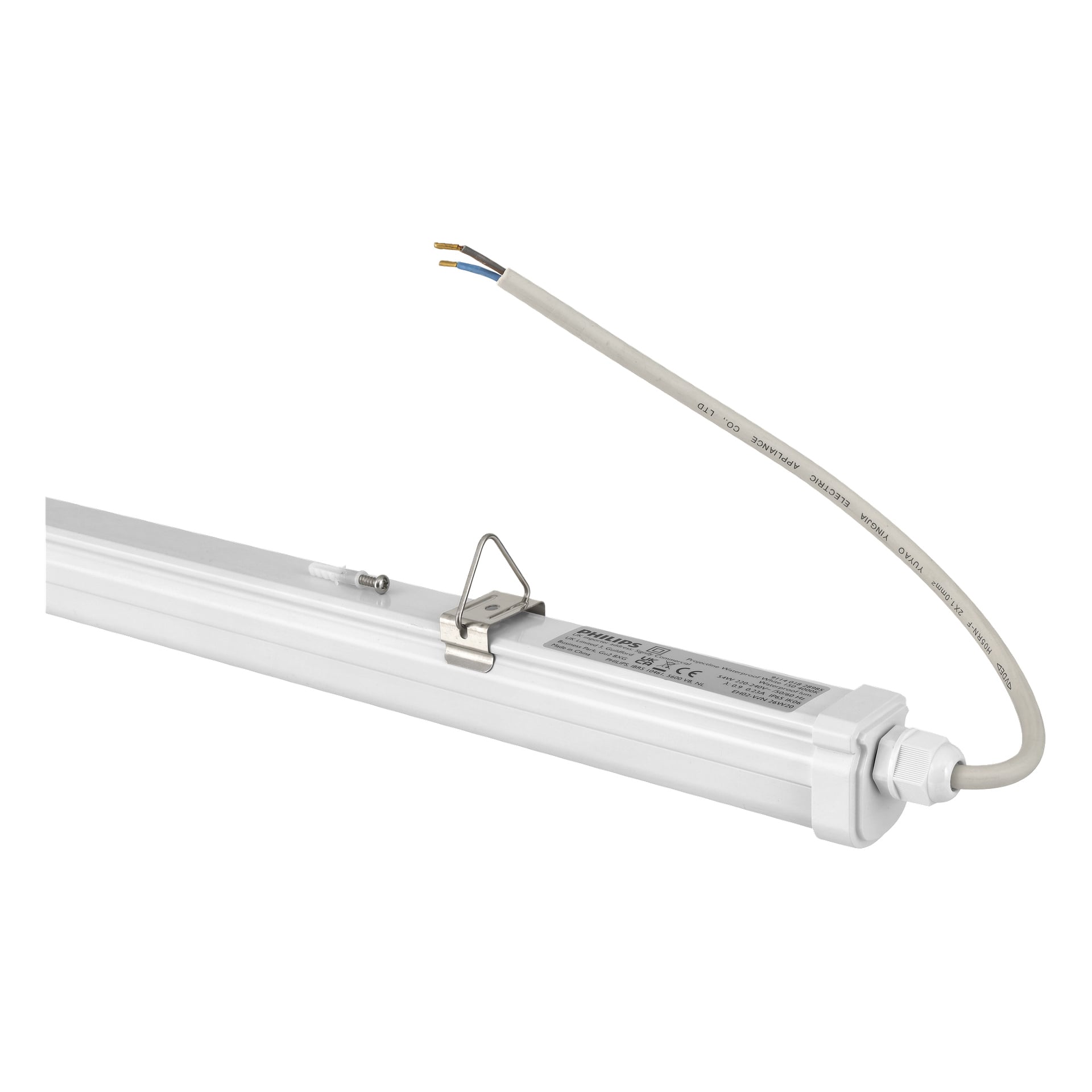 Philips LED-armatur ProjectLine Waterproof är ett vitt LED-rör med ett monteringsfäste och en elkabel med exponerade blå och bruna kablar i änden.