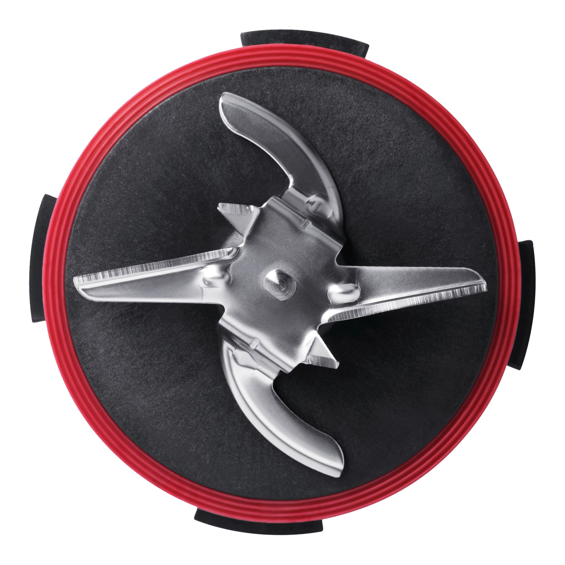 Flyfoto av Bosch MultiTalent 3 MCM3201B matprosessorblad satt med fire metallblader i svart base, aktuert av en rød ring.