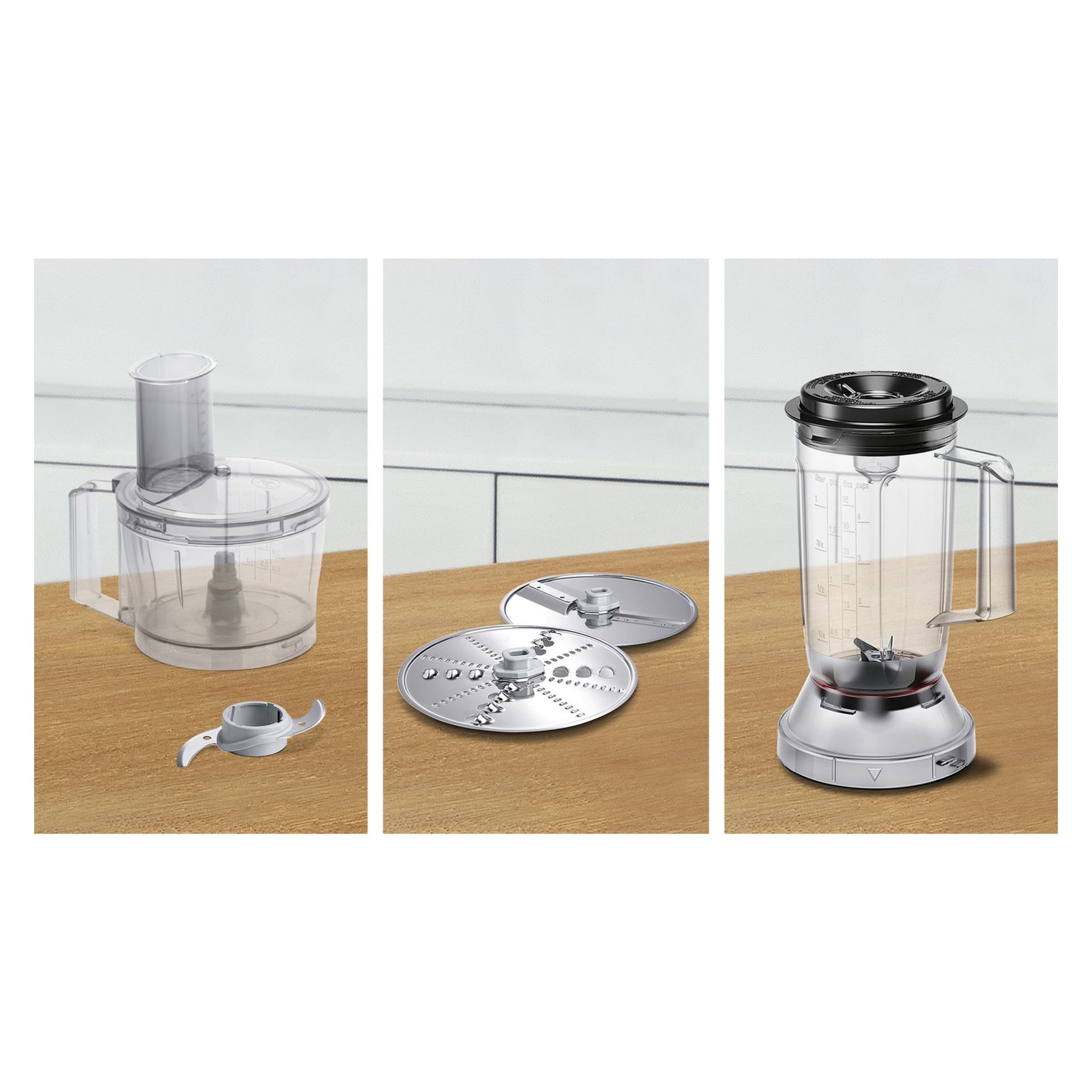 Bosch MultiTalent 3 MCM3201B tilbehør til matprosessor: arbeidsbolle med blad, to metallskiver og blenderglass på treoverflate.