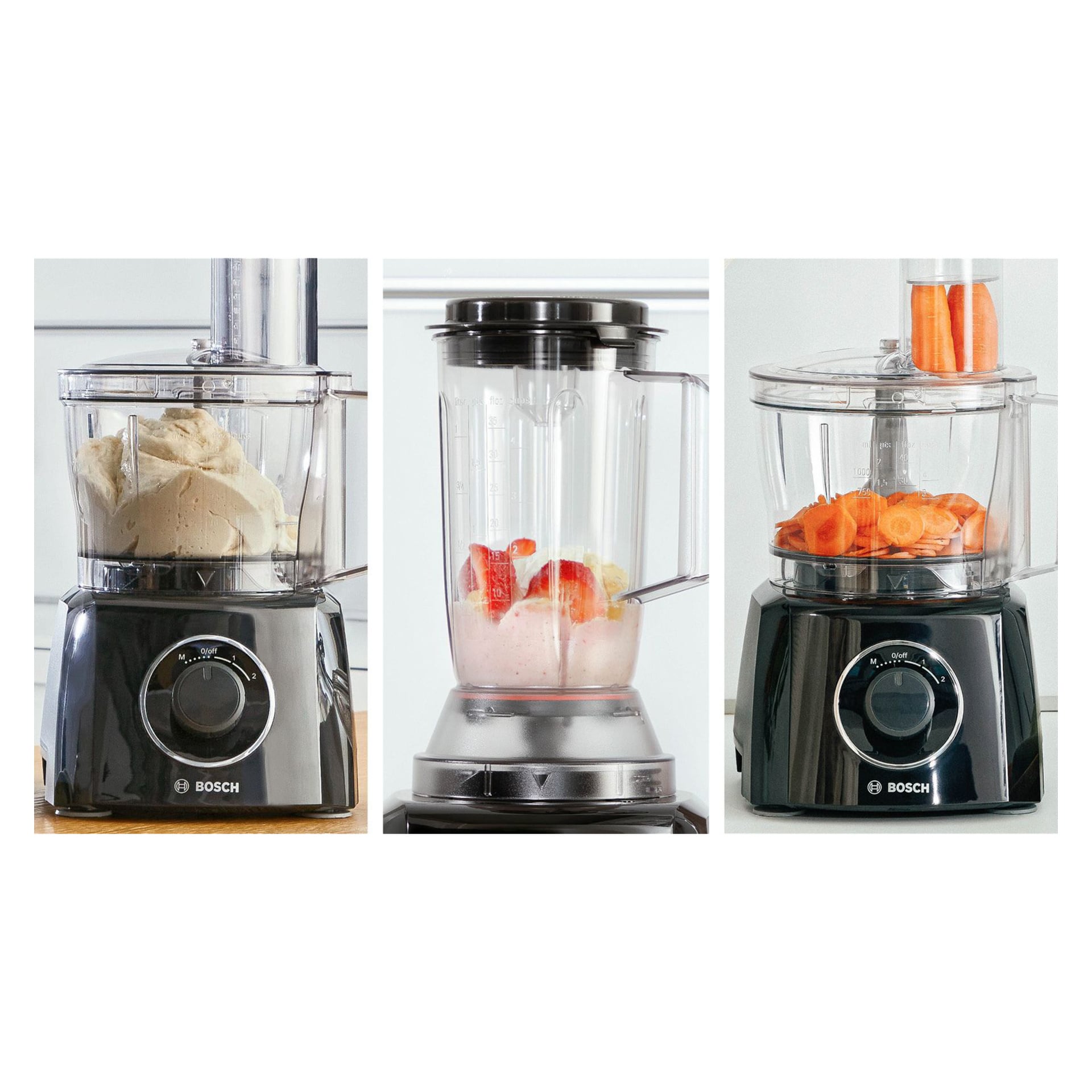 Den svarte Bosch MultiTalent 3 foodprocessoren vises mens den blander deig, blender frukt og skjærer gulrøtter med en sjaktfeste.