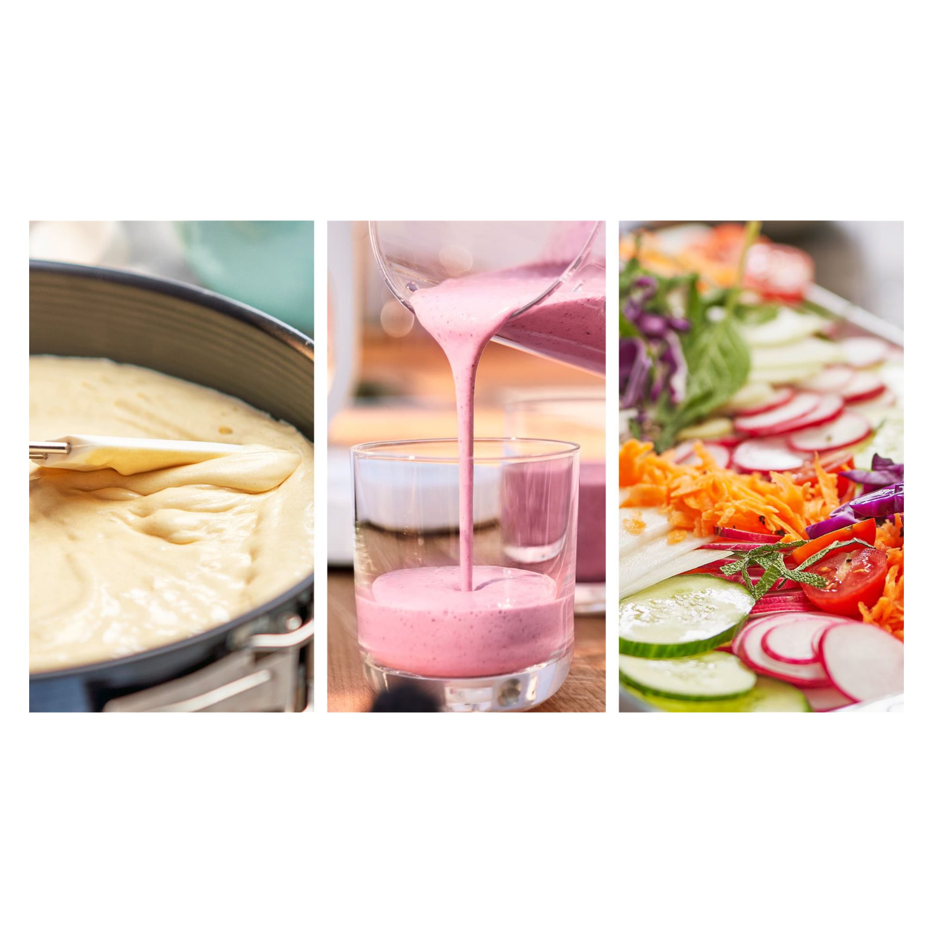 Collage av Bosch MultiTalent 3-prosessoren som brukes til å smøre kakerøre, helle rosa smoothie og servere skiver av grønnsaker.
