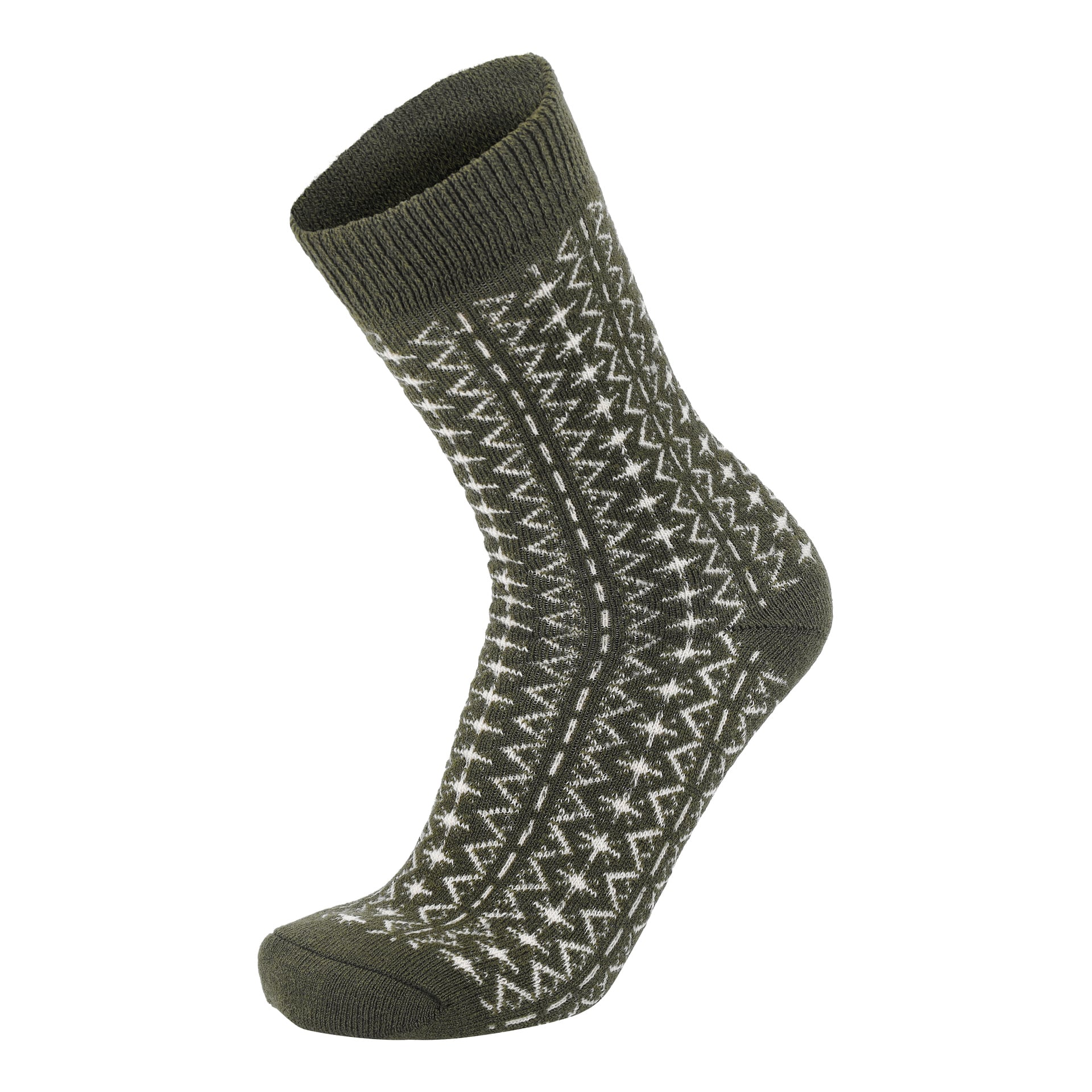 Kayoba Outdoor Wool-socka i mörkgrönt med ett vitt geometriskt mönster, ribbade muddar och förstärkt häl och tå.