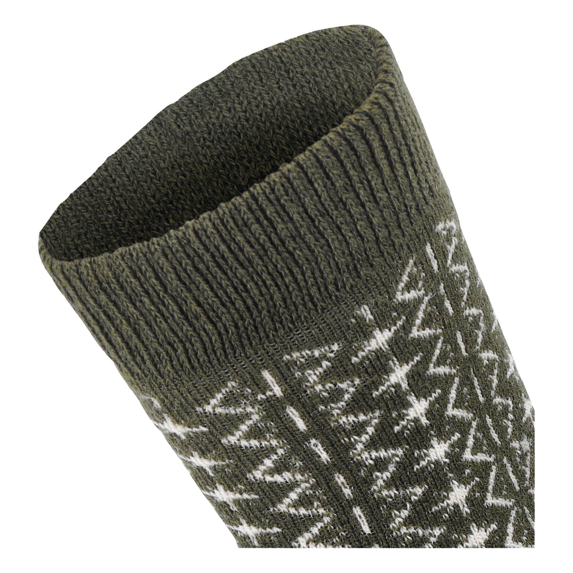Närbild på Kayoba Outdoor Wool socktop i grönt, med ett vitt sicksackmönster och resårmanschett.