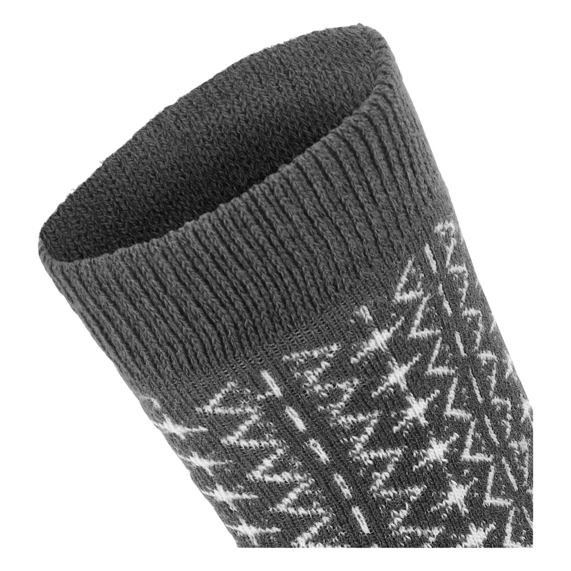 Närbild på Kayoba Outdoor Wool-sockornas övre del, med en stickad och en vit geometrisk design.