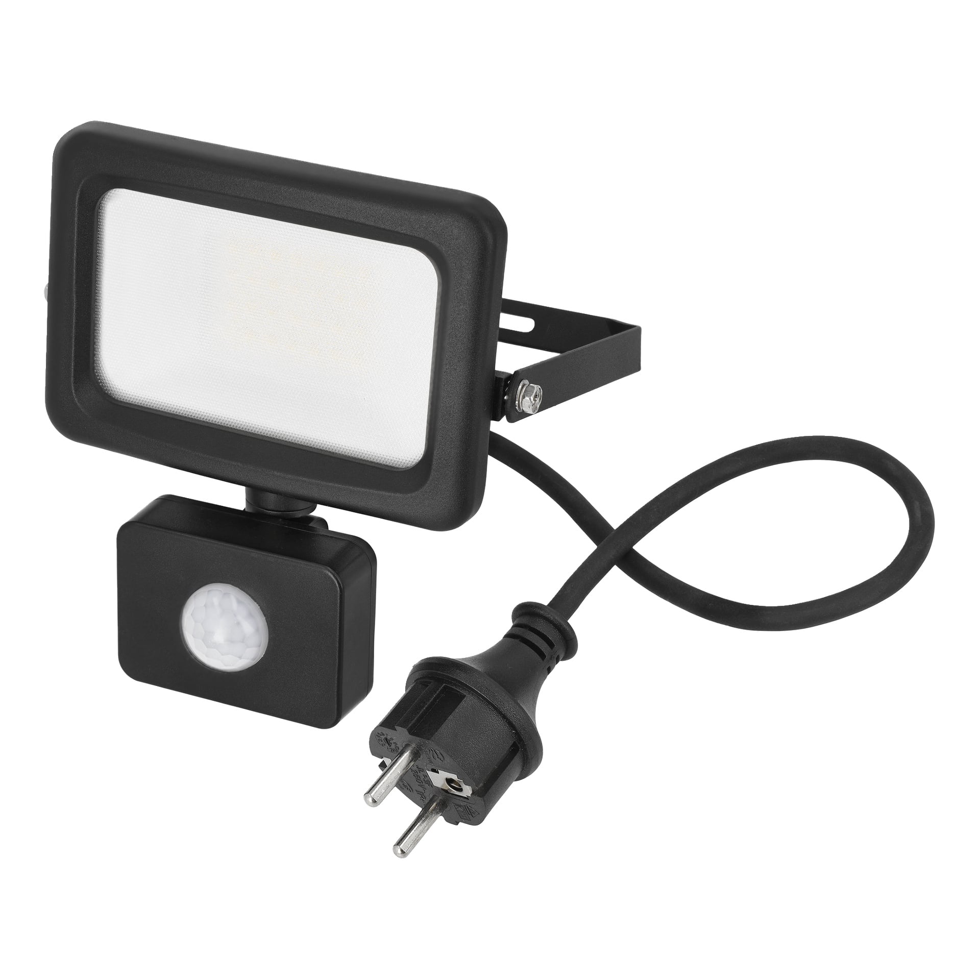 Black Anslut LED-flomlys har et panel med en bevegelsessensor under og en strømkabel som ender i en to-pinners kontakt.