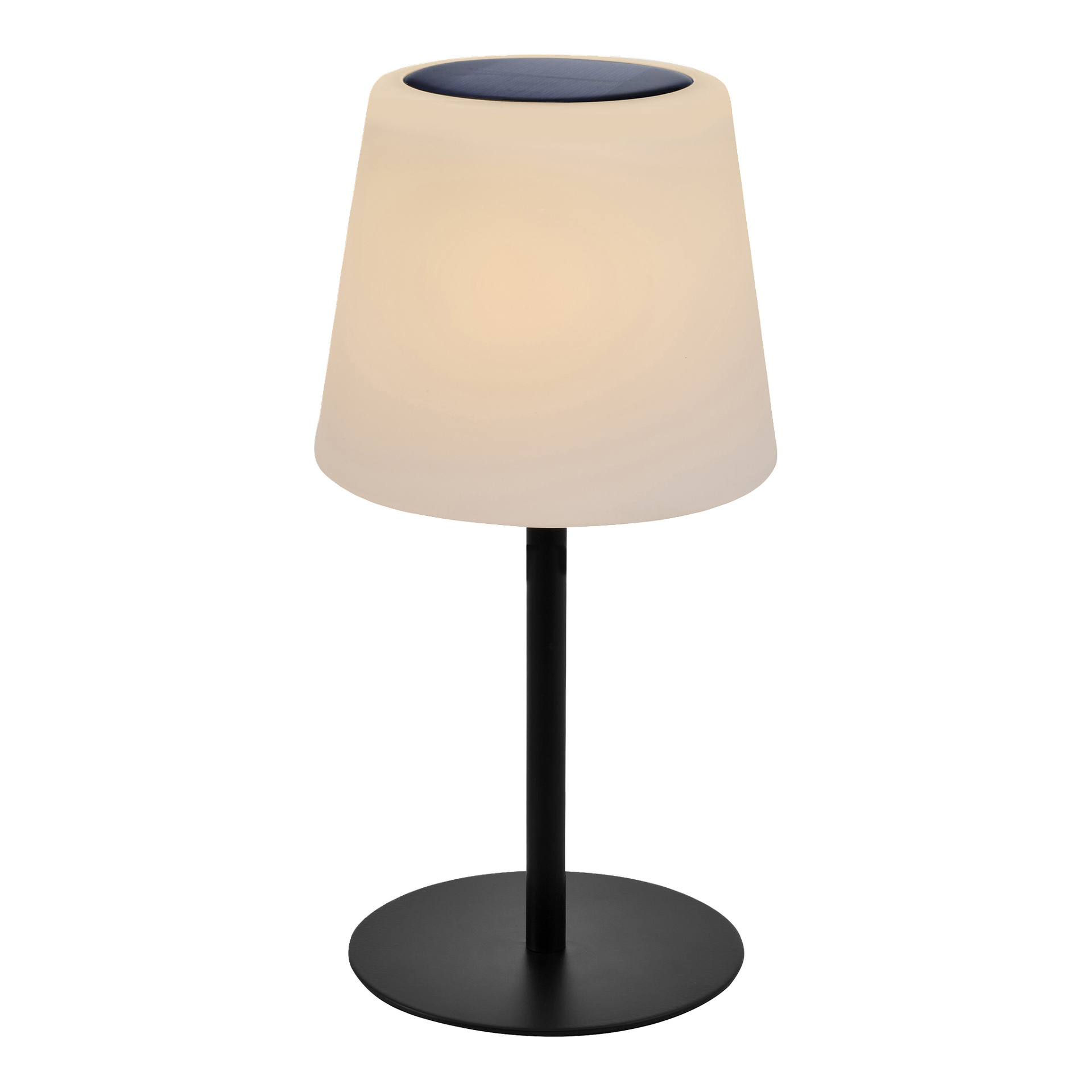 Anslut Rechargeable bordslampa med solcells-LED har en svart cirkulär sockel, smal svart spik, stor frostad vit skärm och en mörk solpanel ovanpå. Lampan är tänd.