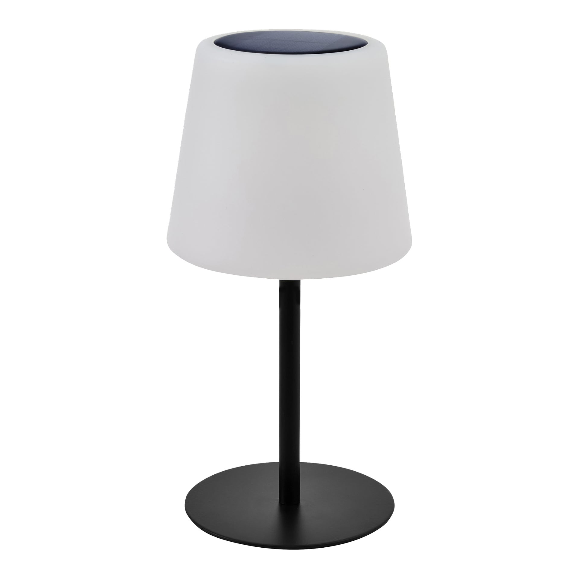 Anslut Rechargeable bordslampa med solcells-LED har en vit konformad skärm, ett smalt svart stativ, en rund svart bas och en solcell ovanpå för laddning.