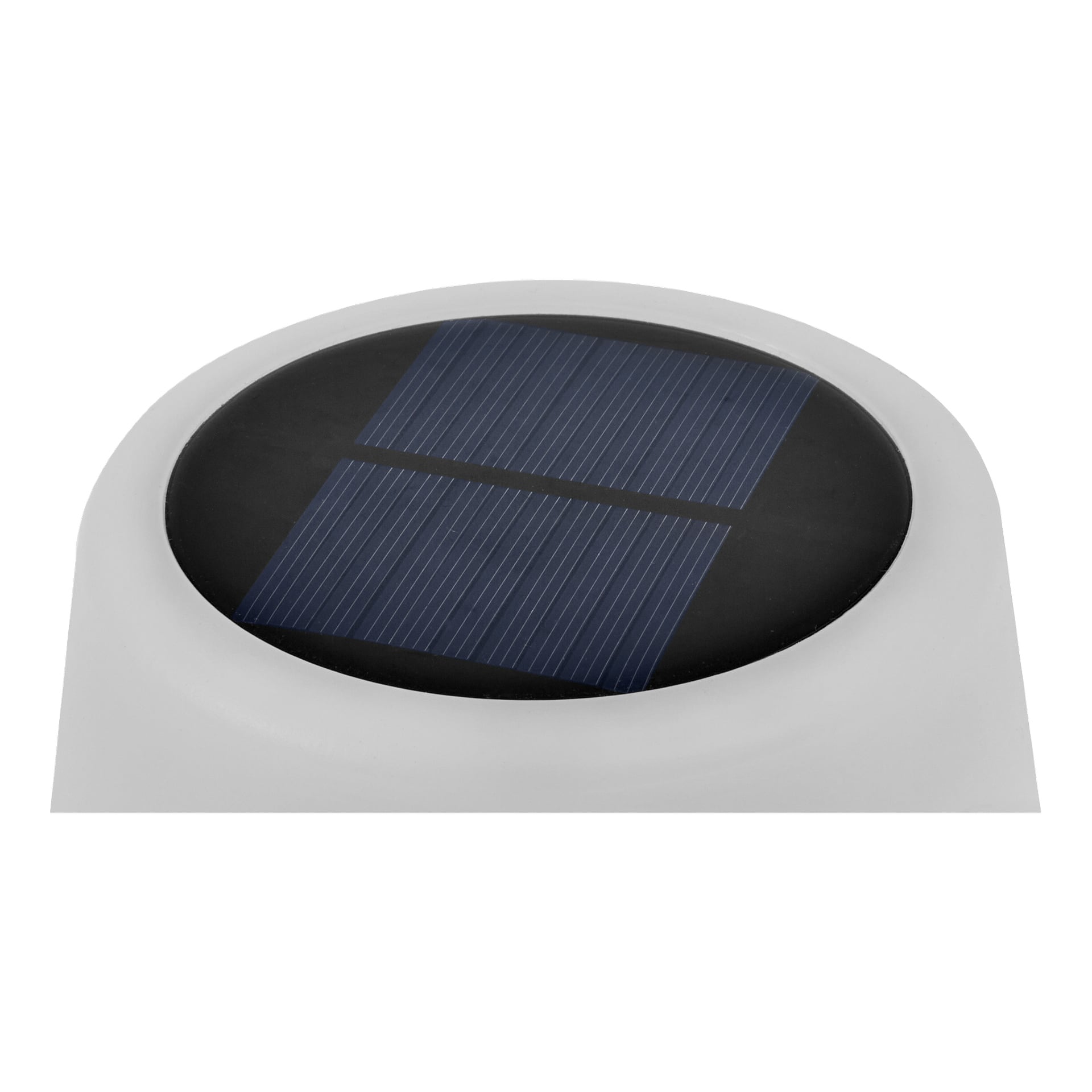 Närbild av Anslut Rechargeable bordslampa med solcells-LED: en cirkulär svart solpanel med blå linjer, innesluten i en slät vit rund ram och uppdelad i två delar av en mörk horisontell rand.