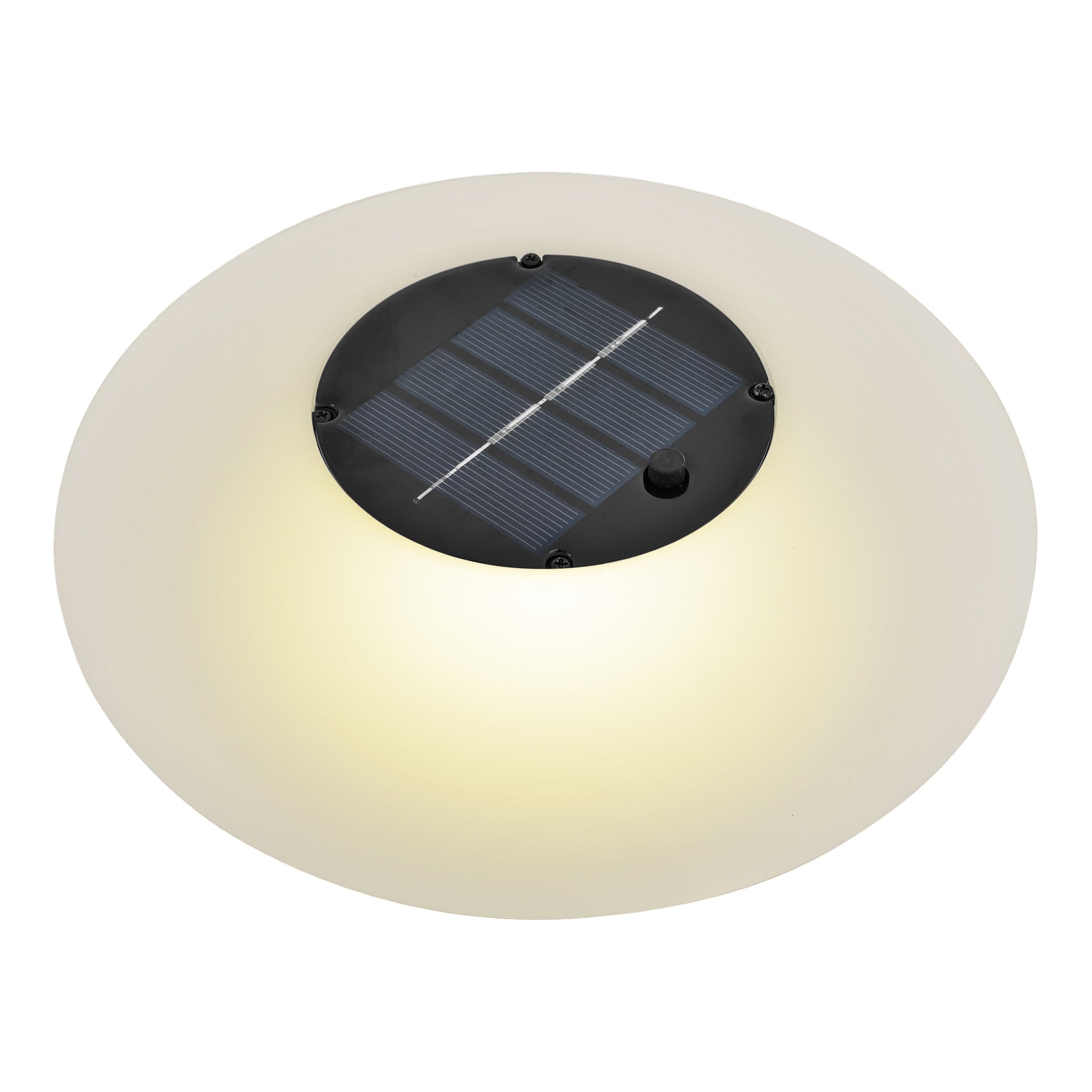 Lampa Anslut Solar Cell z okrągłym białym korpusem, świecącym środkiem i czarnym panelem słonecznym na górze, mocowanym czterema widocznymi śrubami.