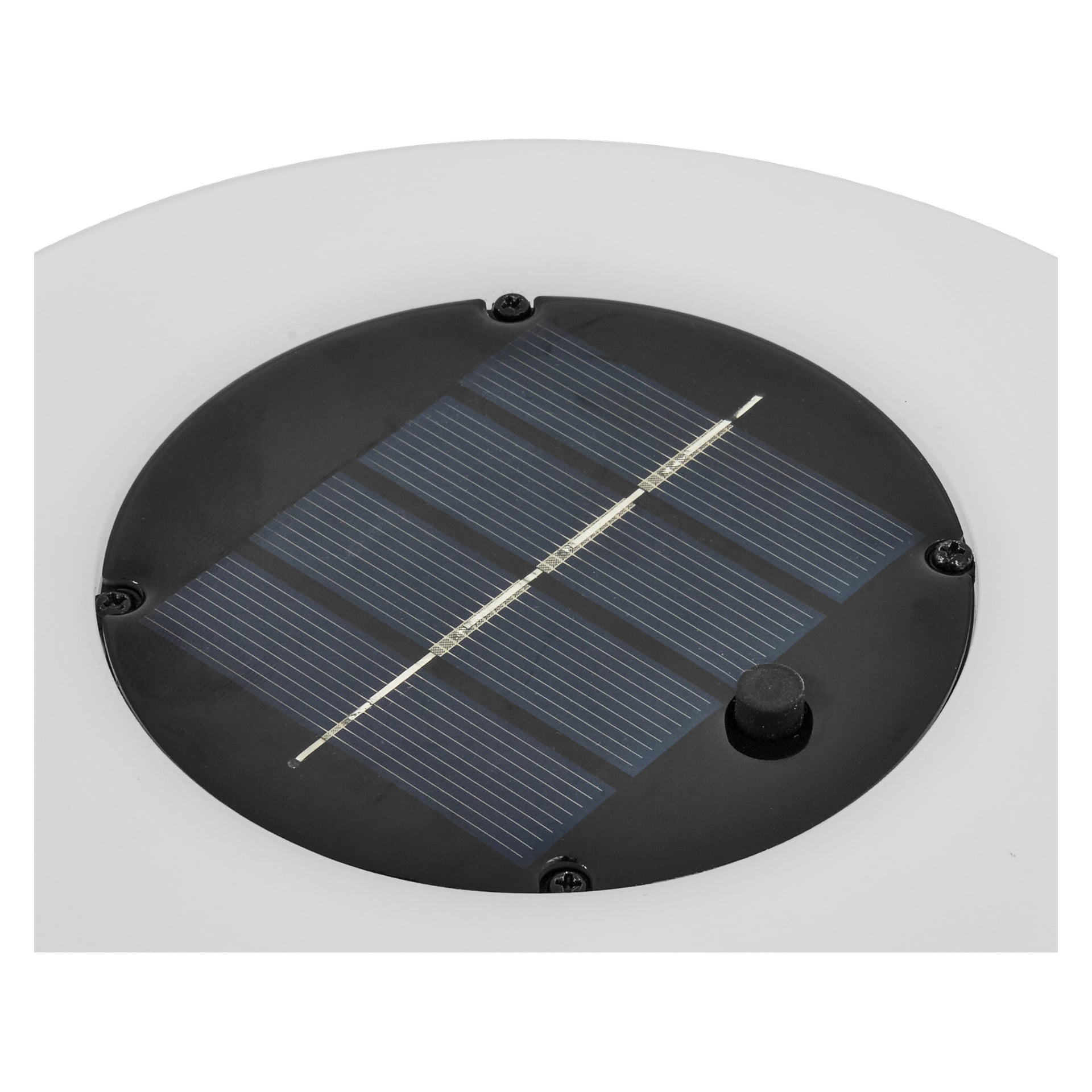 Bliski widok okrągłego panelu lampy Anslut Solar Cell Lamp, czarnej podstawy, czterech śrub, przycisku lub czujnika po prawej stronie oraz cienkich linii siatki.