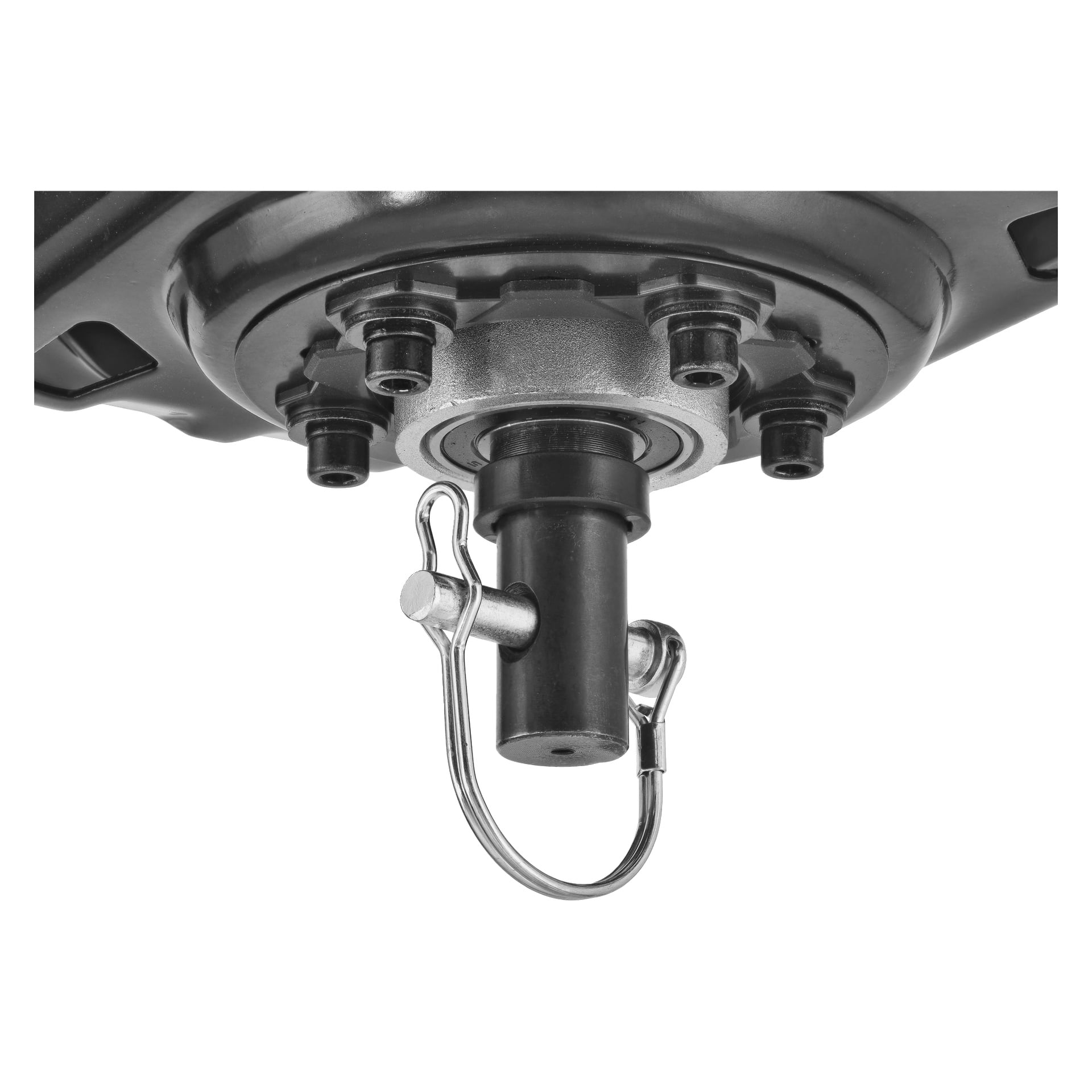 Widok z bliska elementu mechanicznego z cylindrycznym sworzniem zabezpieczonym zawleczką i otoczonym wieloma śrubami. Zespół wydaje się być częścią większej maszyny lub urządzenia.