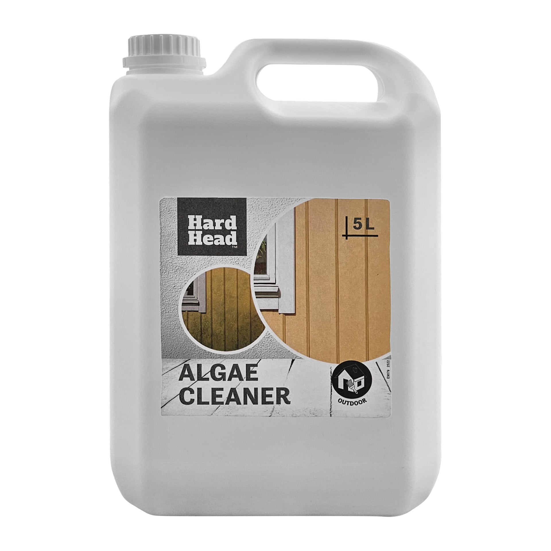 En 5-liters vit plastflaska med Hard Head Alg Cleaner med handtag och skruvlock. Etiketten visar rengjorda ytbilder och "UTOMHUS".