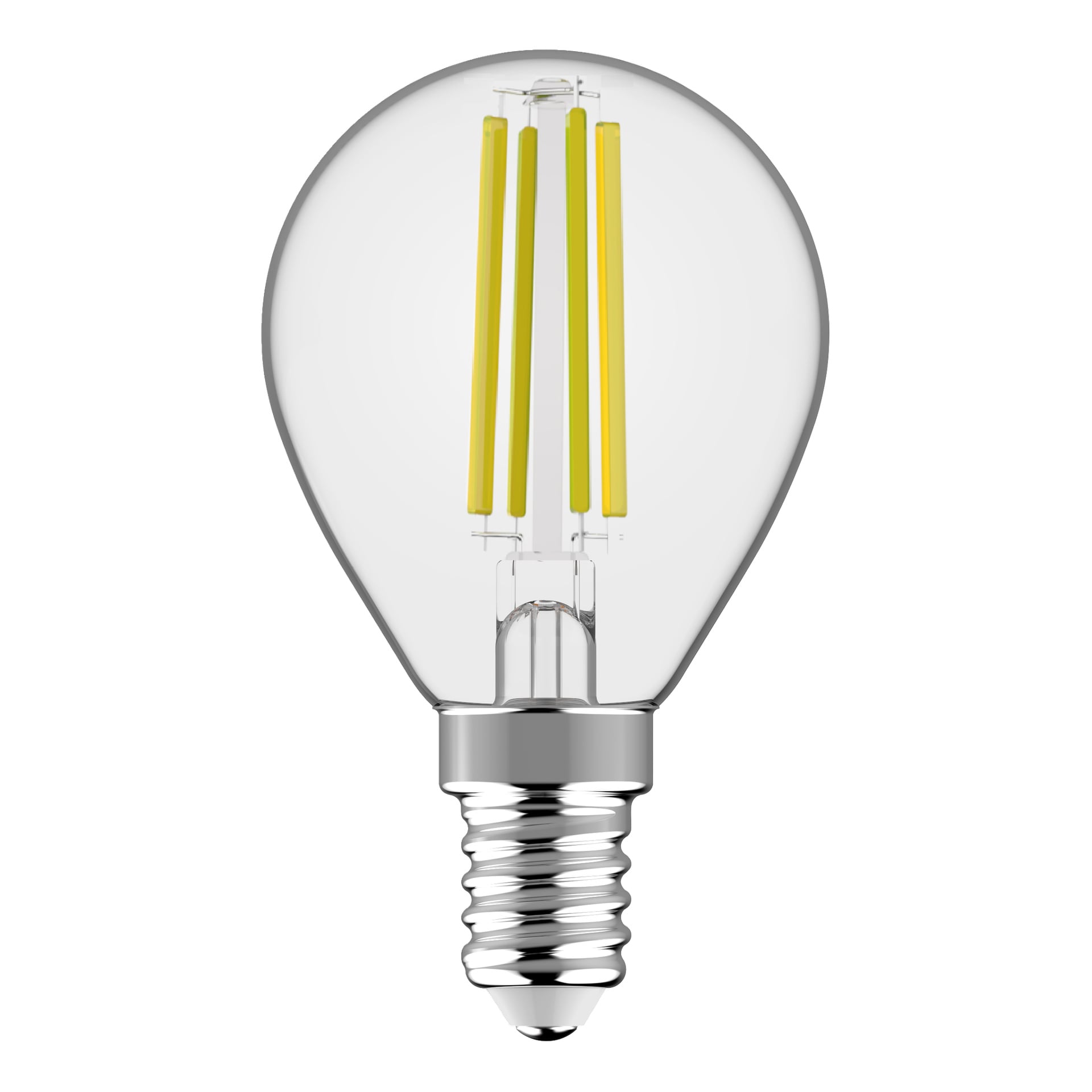 Anslut Globe LED-lampan har en rund, klar glasdesign med synliga gula glödtrådar och en silverskruvbas.