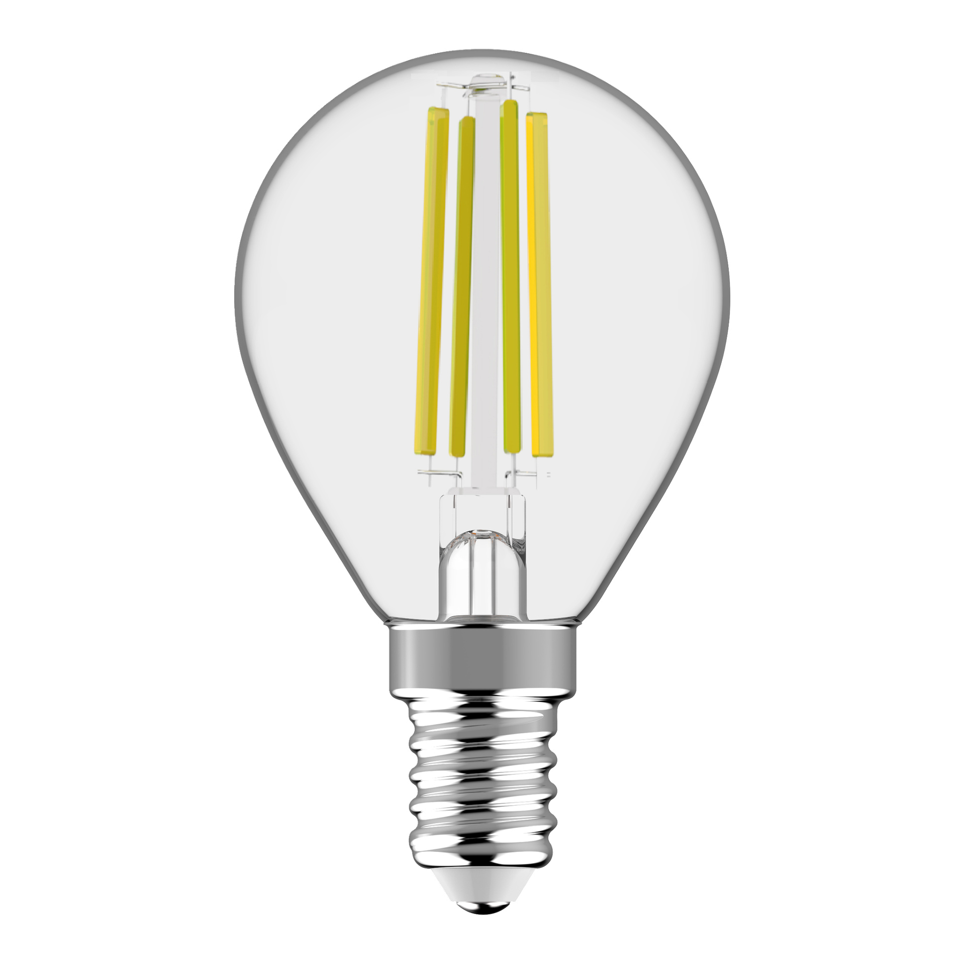 Anslut Dimmable Globe LED-lampan har en metallskruvbas och fyra synliga gula glödtrådar.