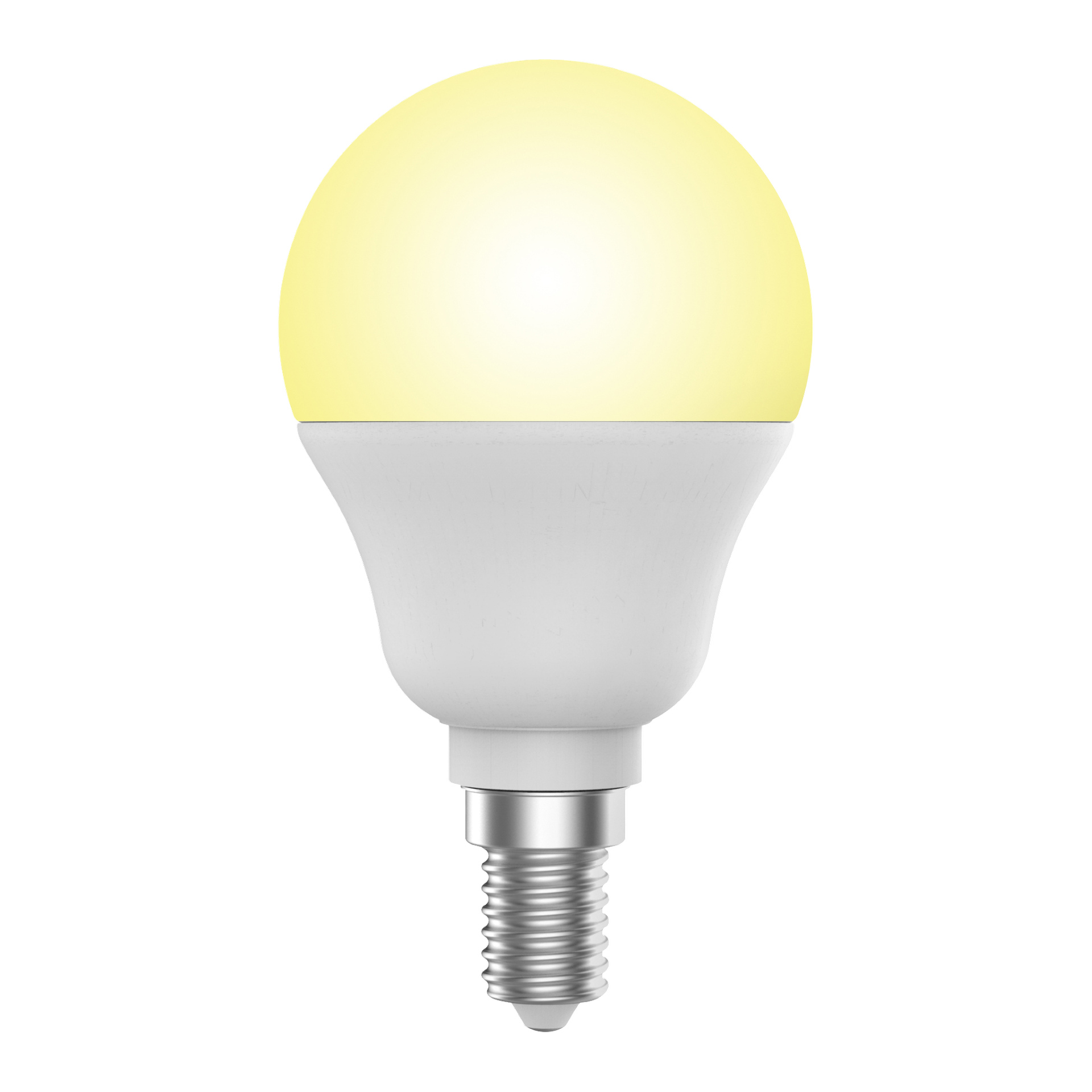 En tänd Anslut Globe LED-lampa från en 2-pack, med en rund gulaktigt vit lysande topp, vit bas och metallskruv.