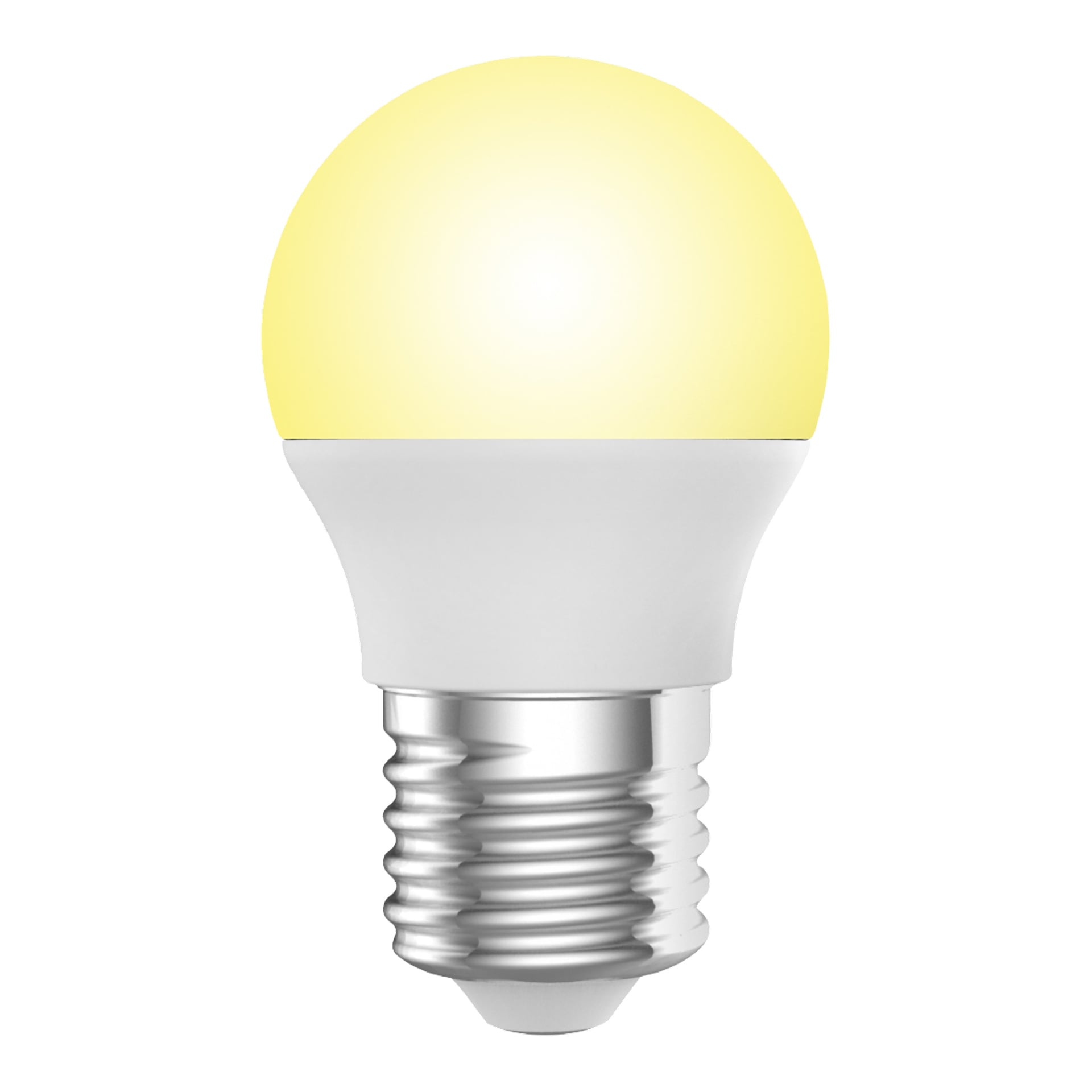 Anslut Globe LED 2-pack innehåller två små runda lampor med vita basar, gula lysande toppar och silverskruvkontakter.