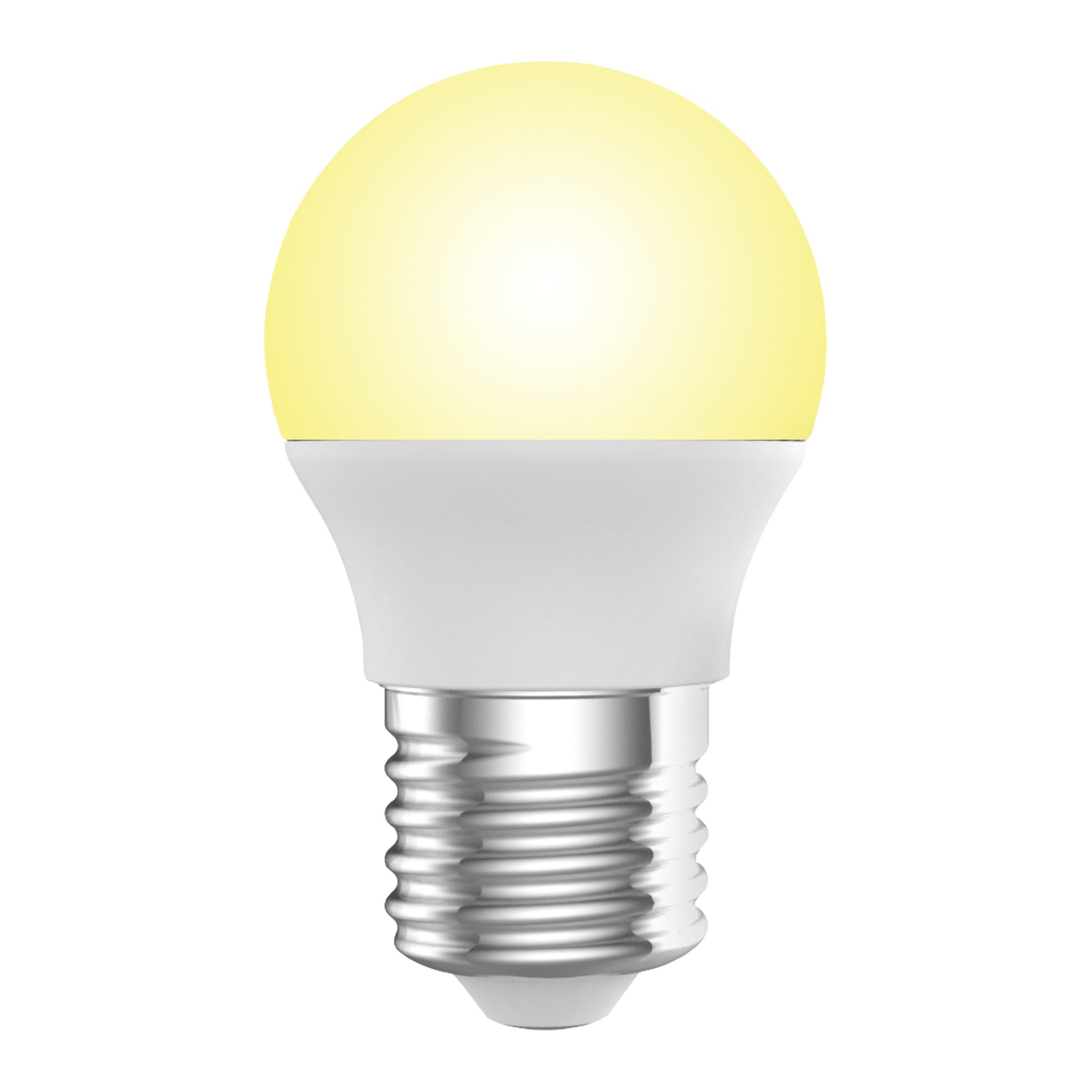 Anslut Globe lampa LED 2-pack innehåller runda, frostade lampor med gula toppar och metalliska skruvsocklar.