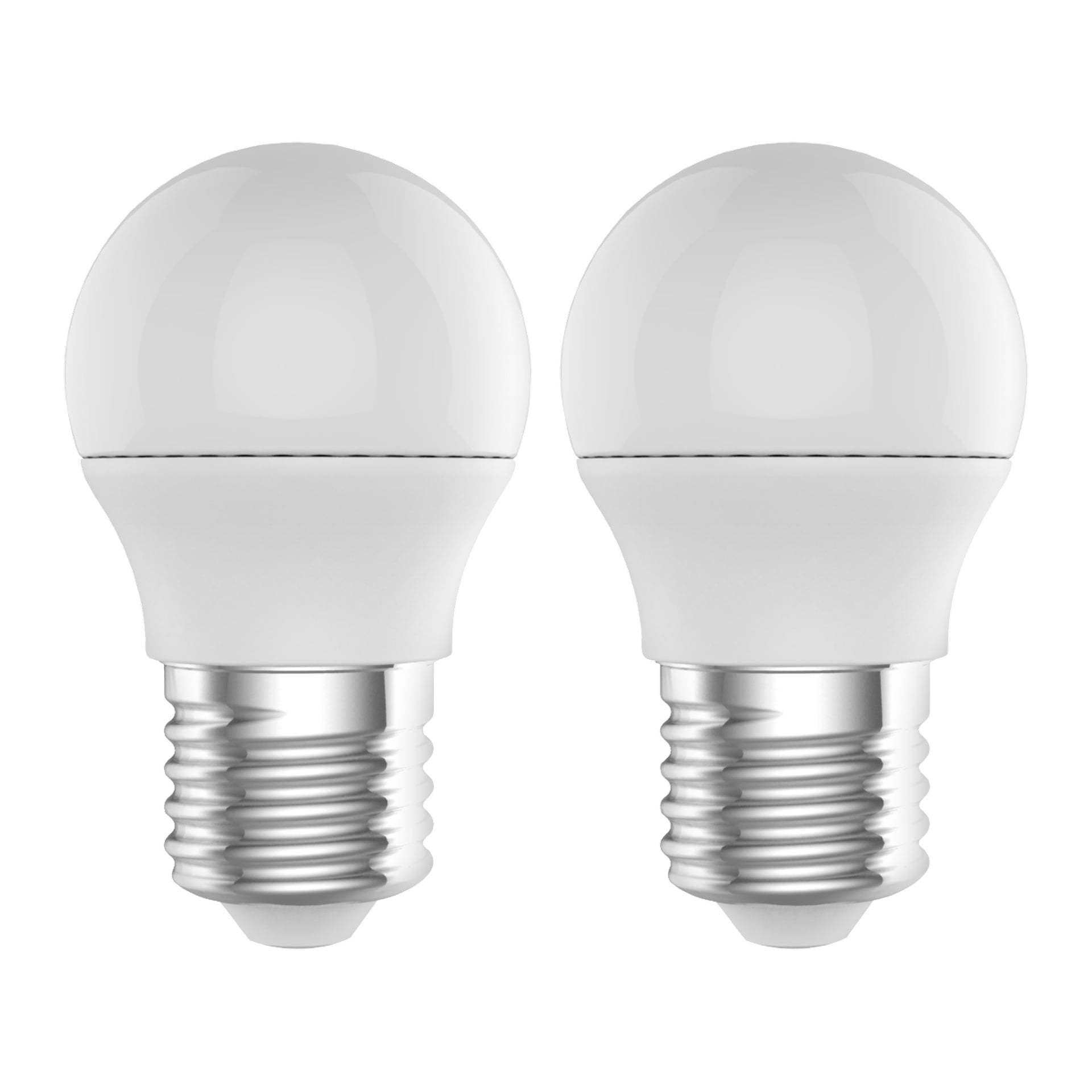 Anslut Globe LED-lampa 2-pack visar två identiska vita lampor med metalliska skruvbasar, placerade sida vid sida.